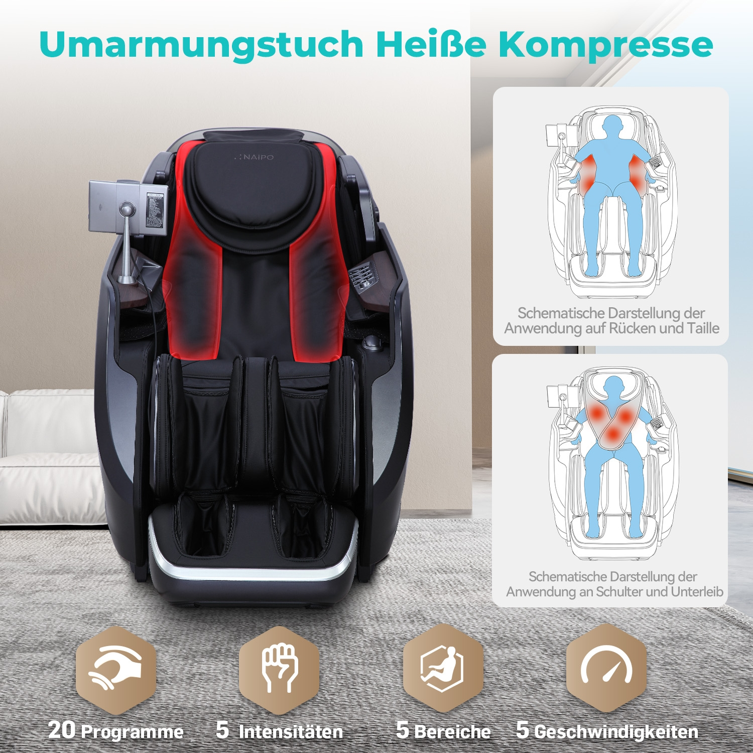 Ein schwarzer Massagesessel mit roten Akzenten, der für heiße Kompressen wirbt.