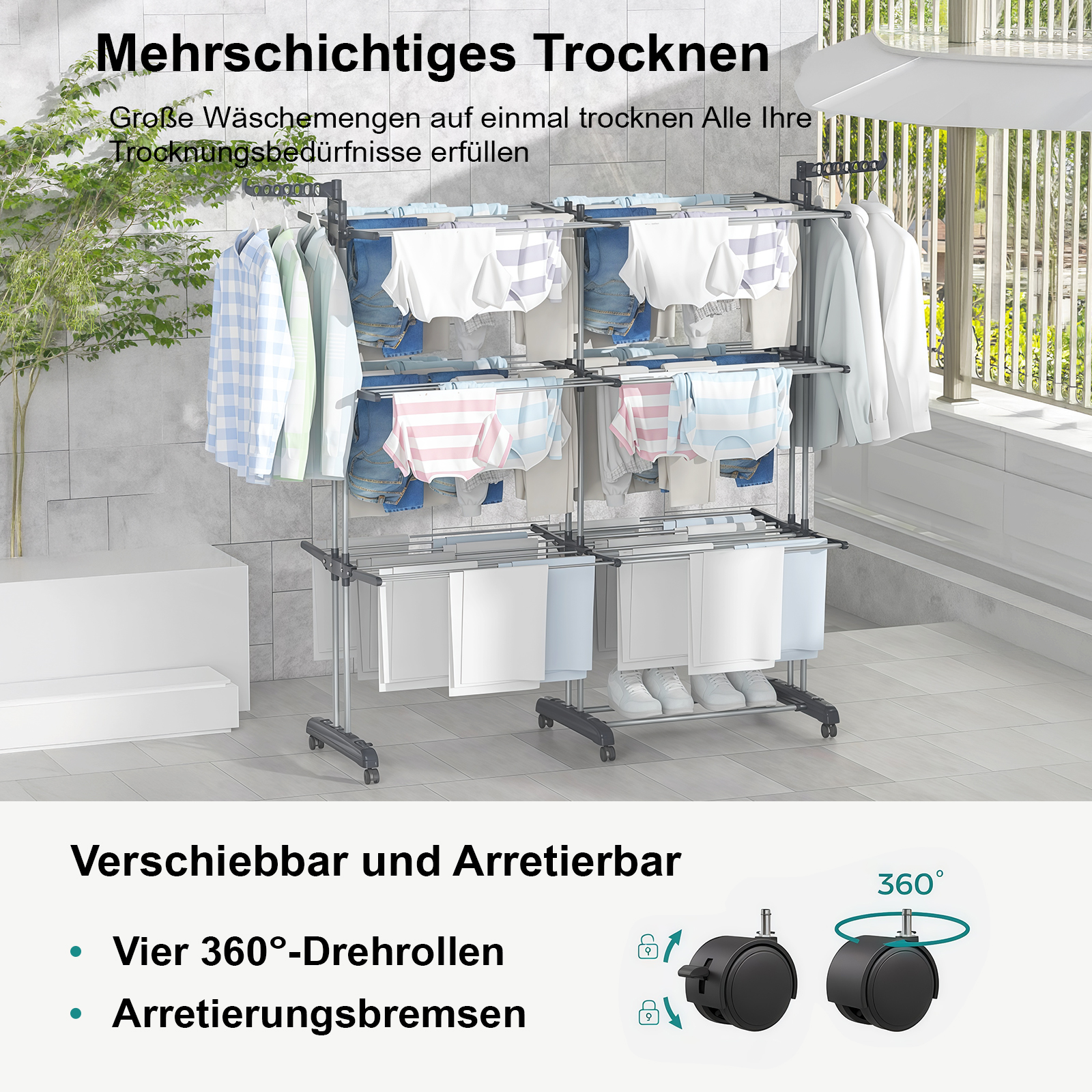 Mehrschichtiger Wäscheständer mit Kleidung und Schuhen, mit Rollen.