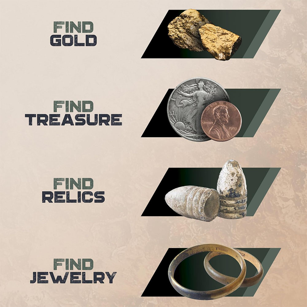 Vier Reihen: Goldnuggets, Münze & Penny, Kugeln und Ringe.