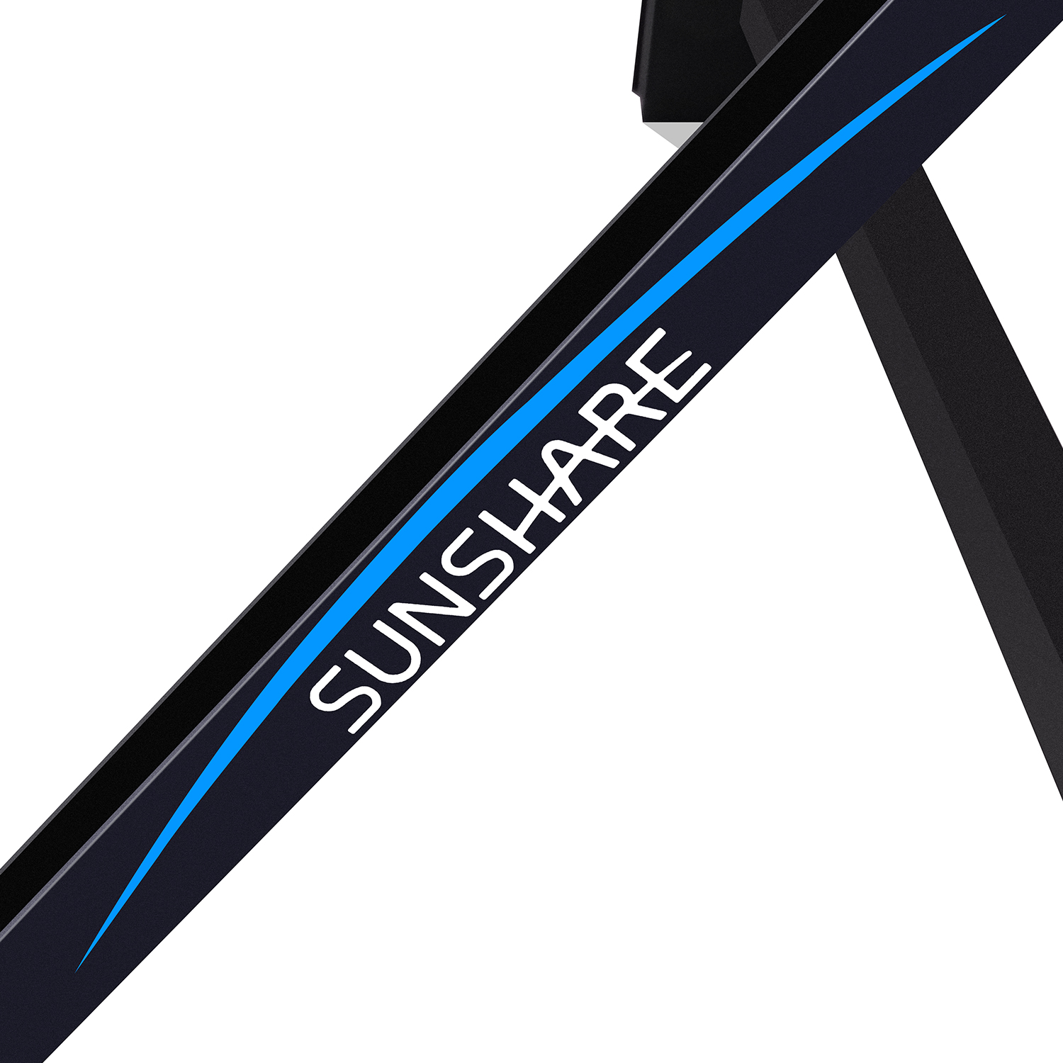 Schwarzer Rahmen mit blauer Streifen und weißem Text SUNSHARE auf weißem Grund.