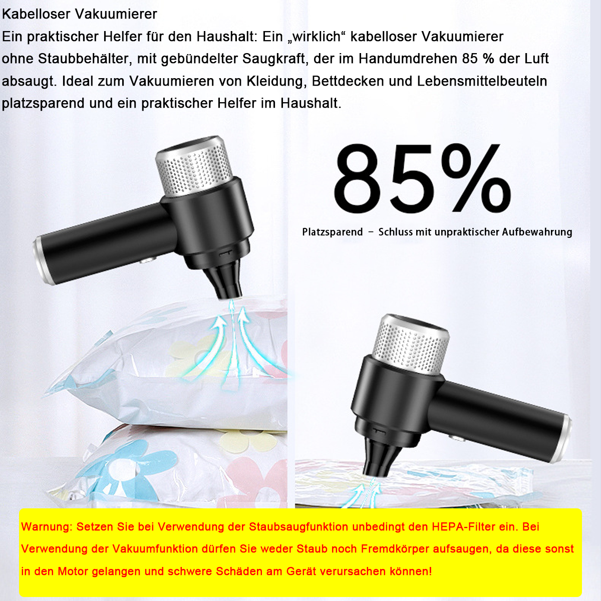 Schwarzer kabelloser Staubsauger saugt Luft aus Vakuumbeuteln. 85% Platzersparnis.
