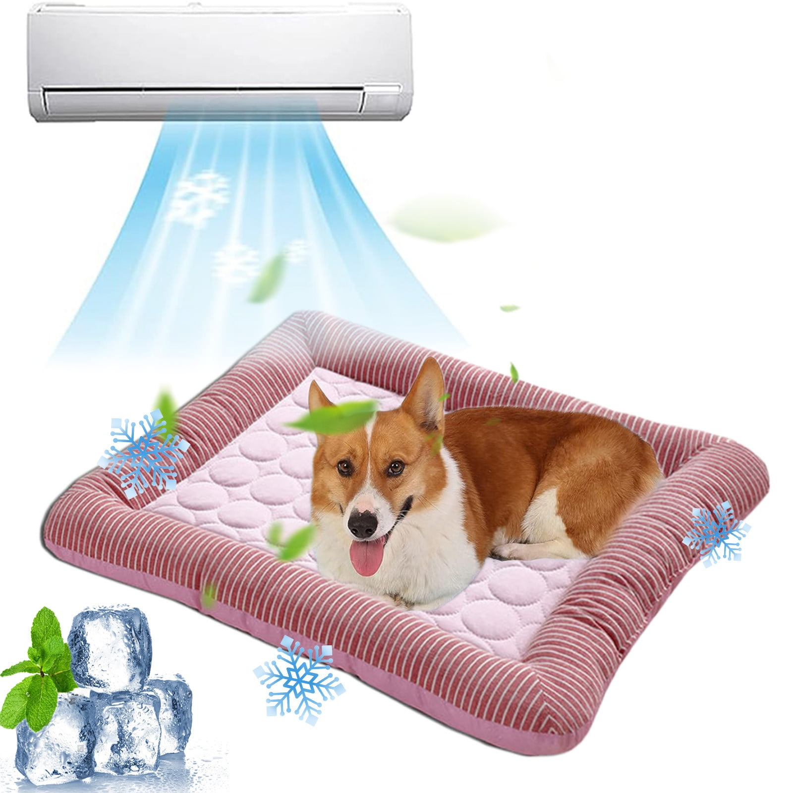 Ein Corgi liegt auf einer rosa Kühlmatte, kühle Luft strömt von oben.