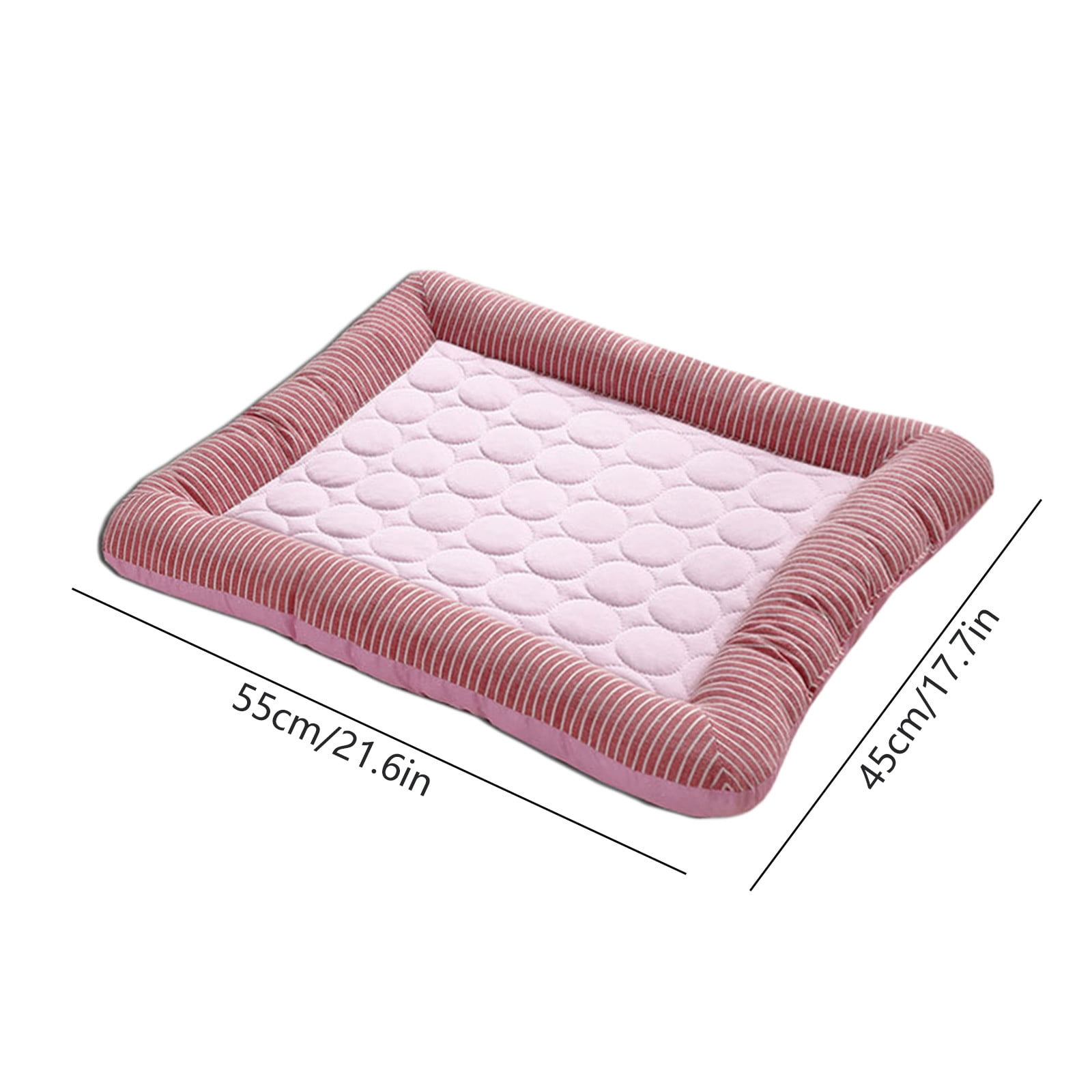 Eine rosa und weiße gestreifte Haustiermatte mit gesteppter Mitte.