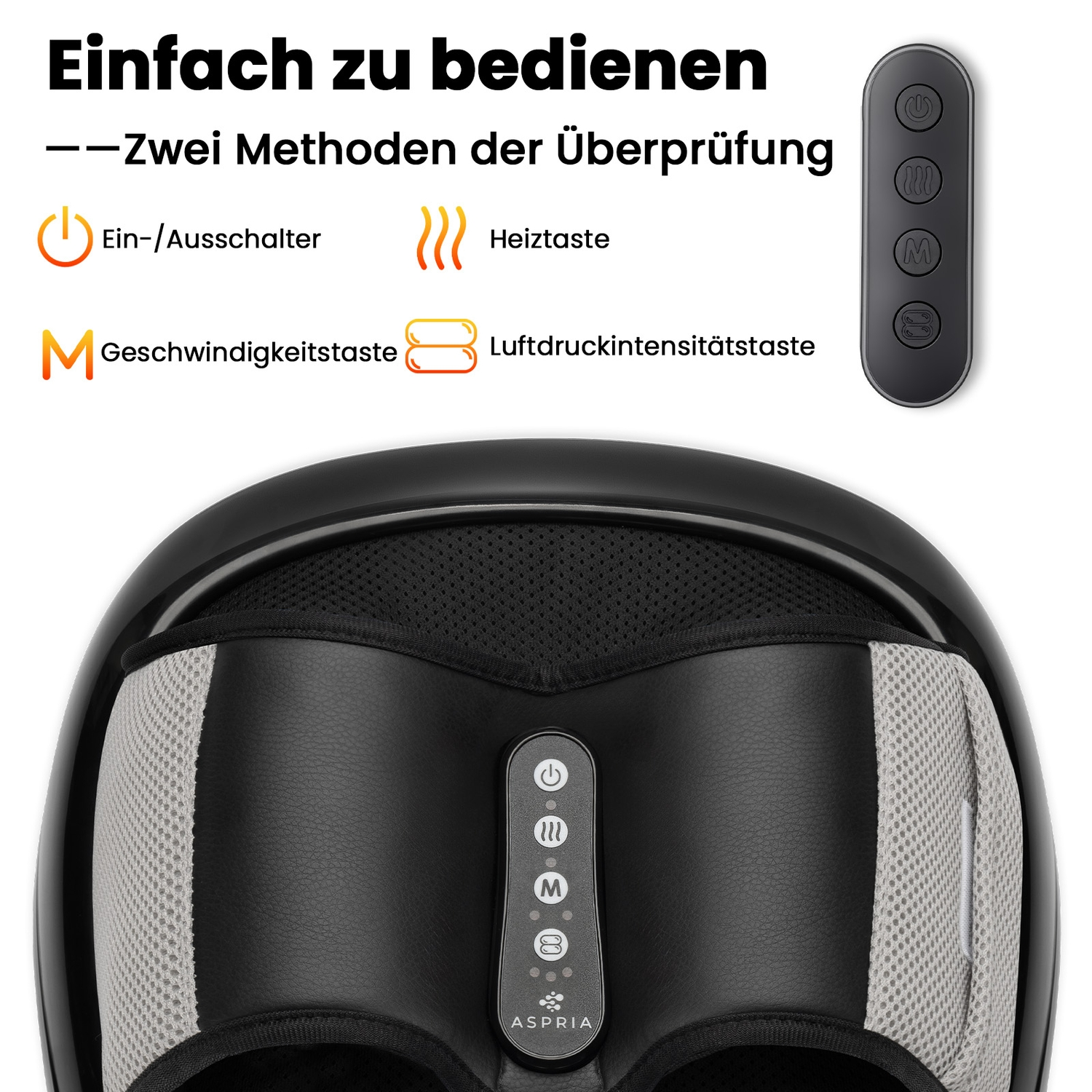 Nahaufnahme eines schwarzen Massagegeräts mit Fernbedienung und Tastenbeschriftungen.