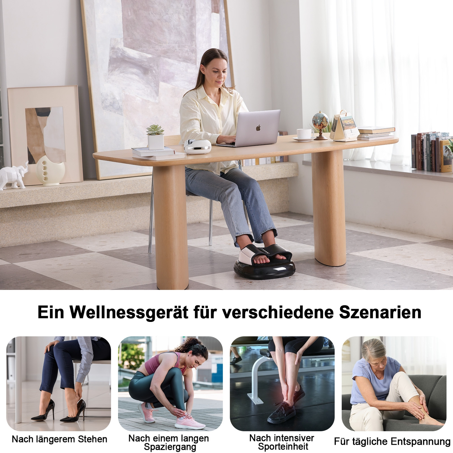 Frau am Schreibtisch, vier Szenarien für Fußmassagegeräte.