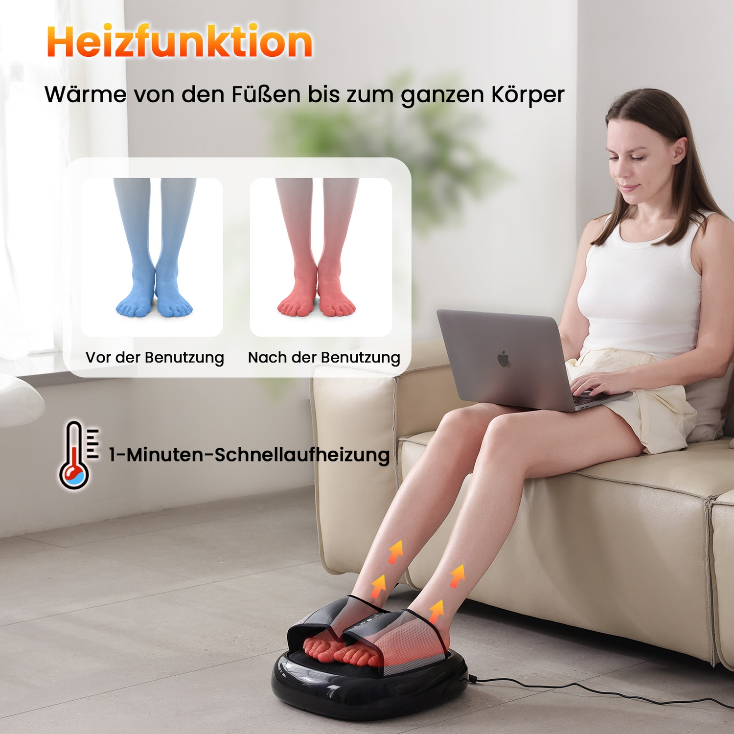 Frau sitzt auf Sofa mit Laptop, Füße in Heizgerät. Vorher/Nachher-Bild zeigt blaue zu rote Füße.