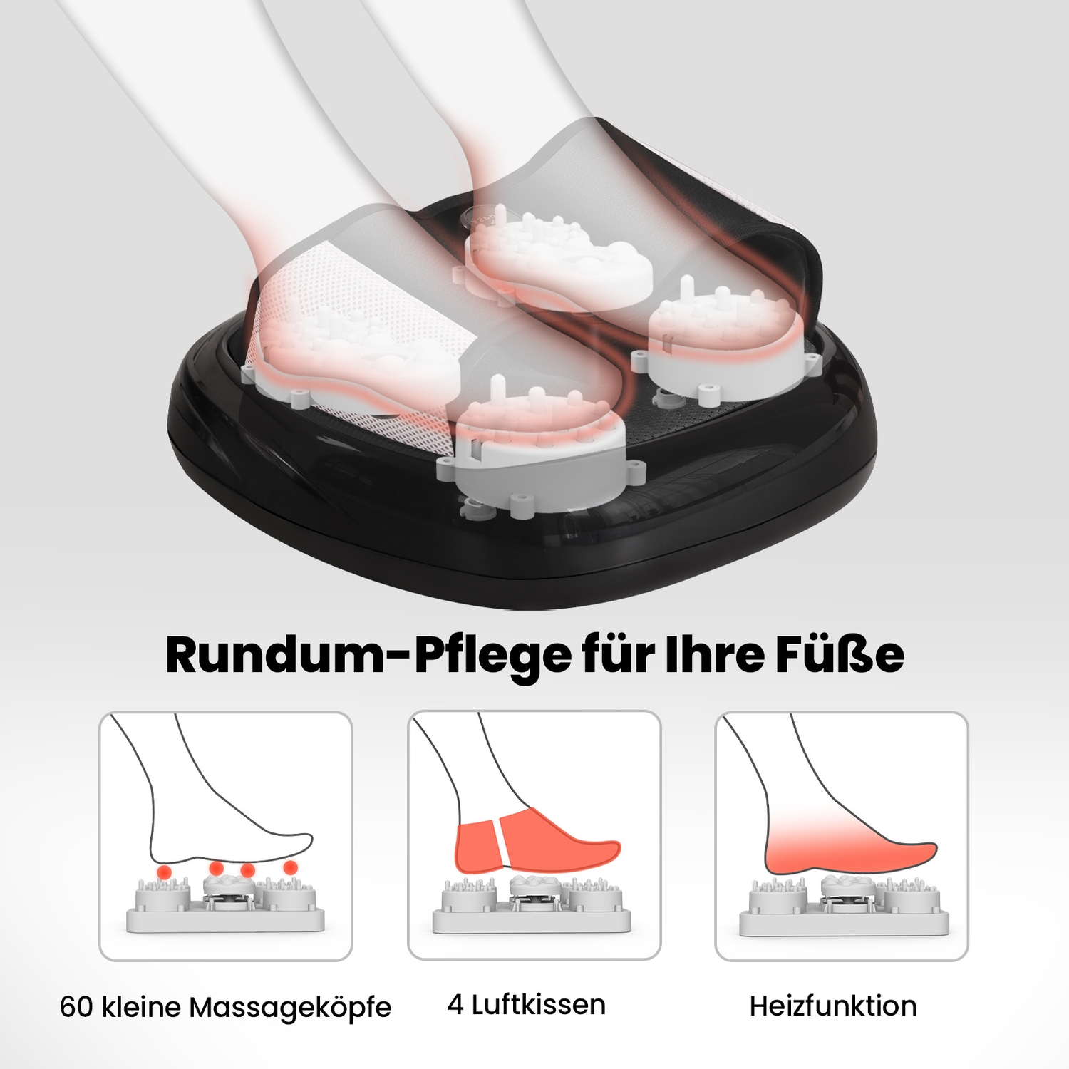 Fußmassagegerät mit 60 Massageköpfen, 4 Luftkissen und Heizfunktion.