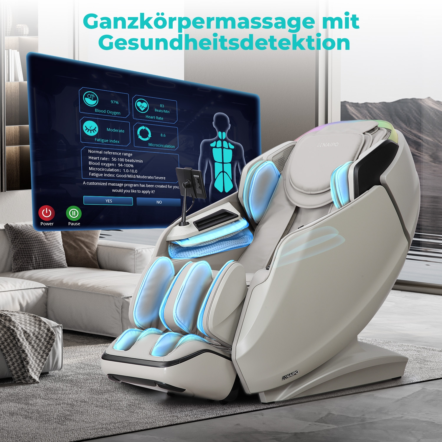 Ein heller Massagesessel mit einem Bildschirm, der Vitalwerte anzeigt.