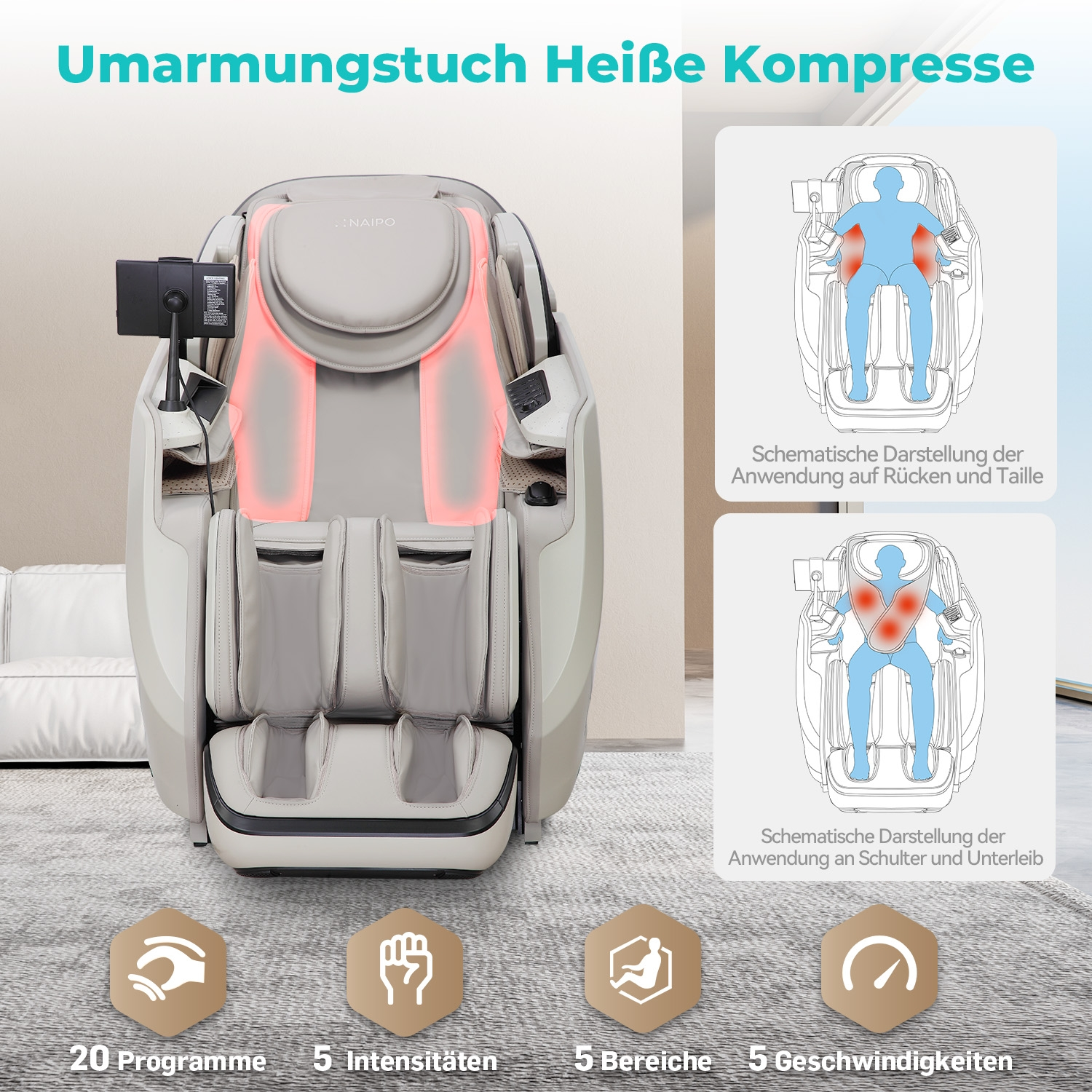 Ein beiger Massagesessel mit roten Heizelementen und schematischen Darstellungen.