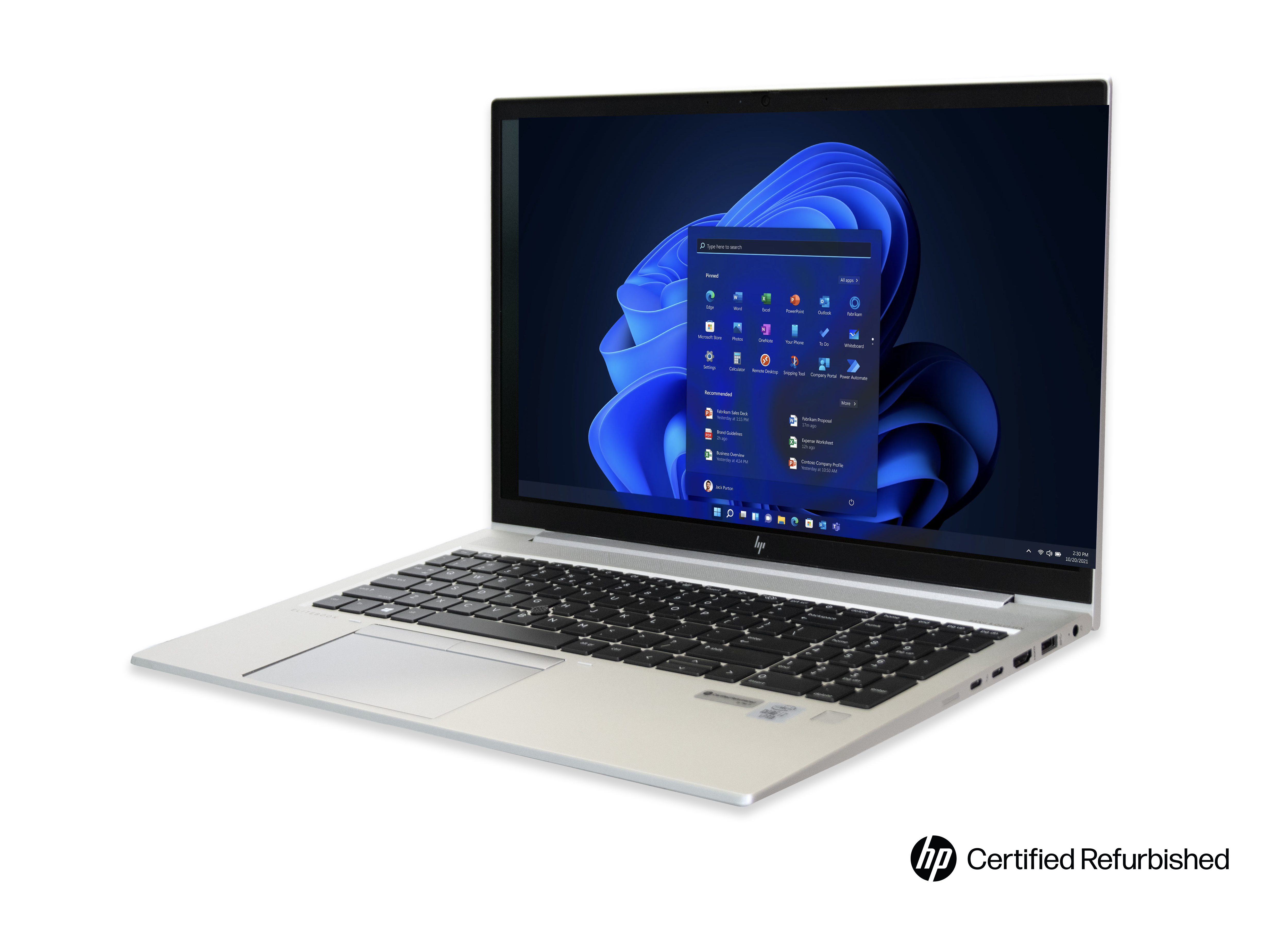 Een zilveren HP laptop met het Windows 11 startmenu, toetsenbord en touchpad.