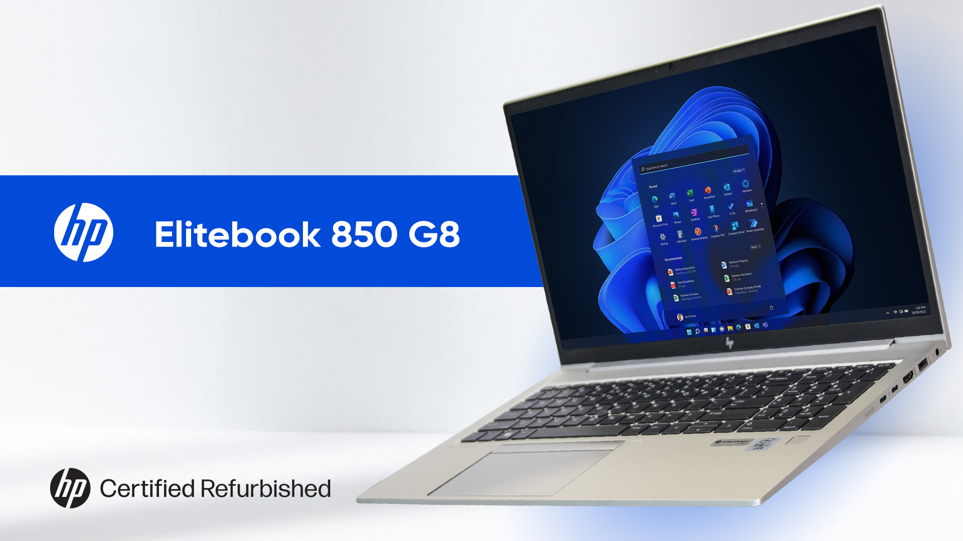Een zilveren HP Elitebook 850 G8 laptop met een Windows 11-bureaublad.