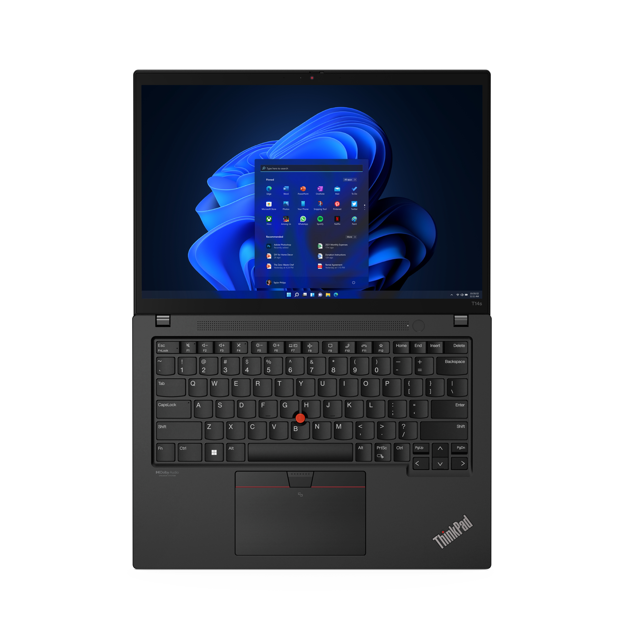 Een zwarte laptop met een verlicht scherm dat het Windows 11 startmenu toont.