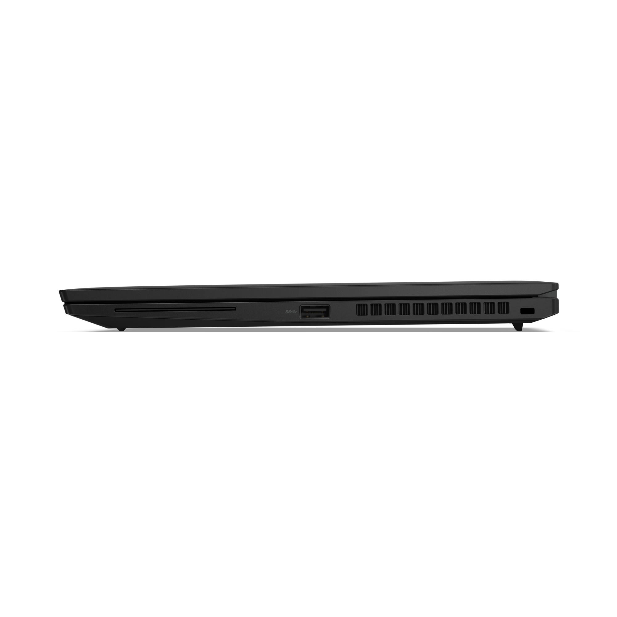 Zwarte laptop van de zijkant, met USB-poort en ventilatieopeningen.