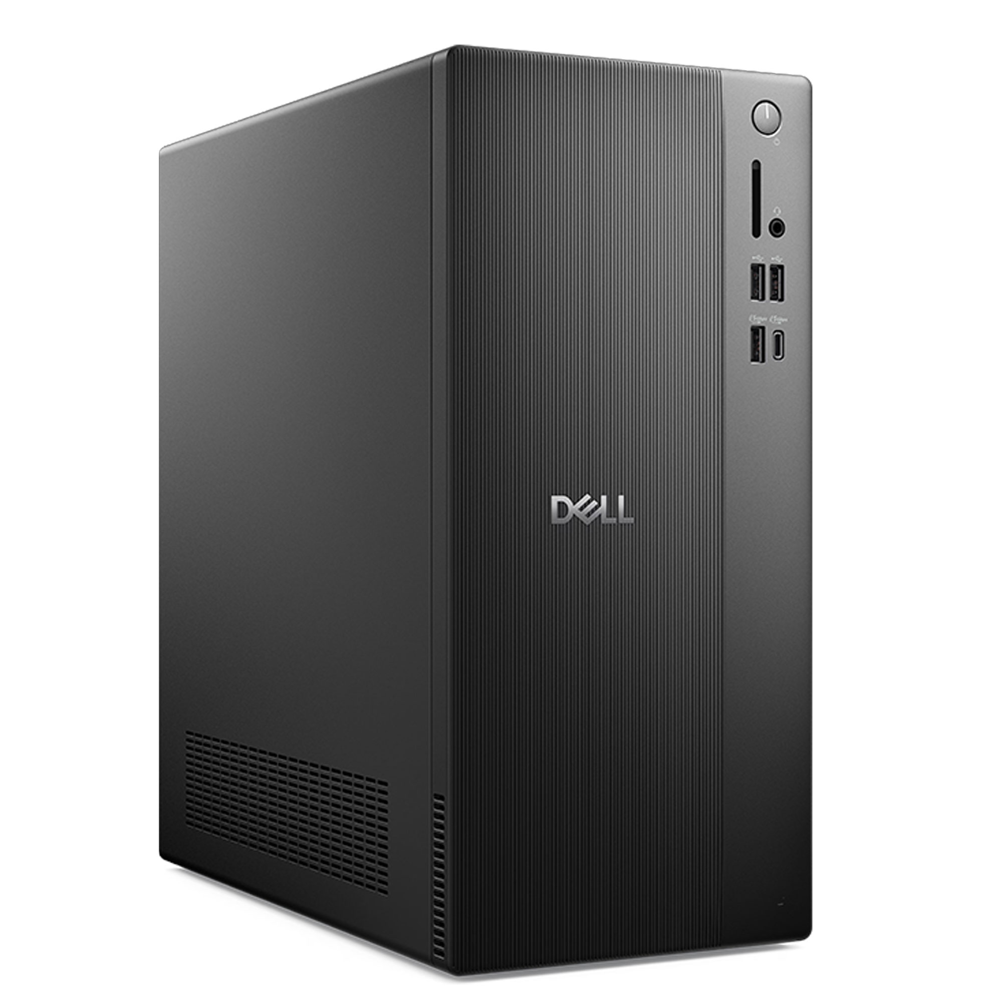 Dikey oluklu panele ve USB bağlantı noktalarına sahip siyah bir Dell masaüstü bilgisayar.