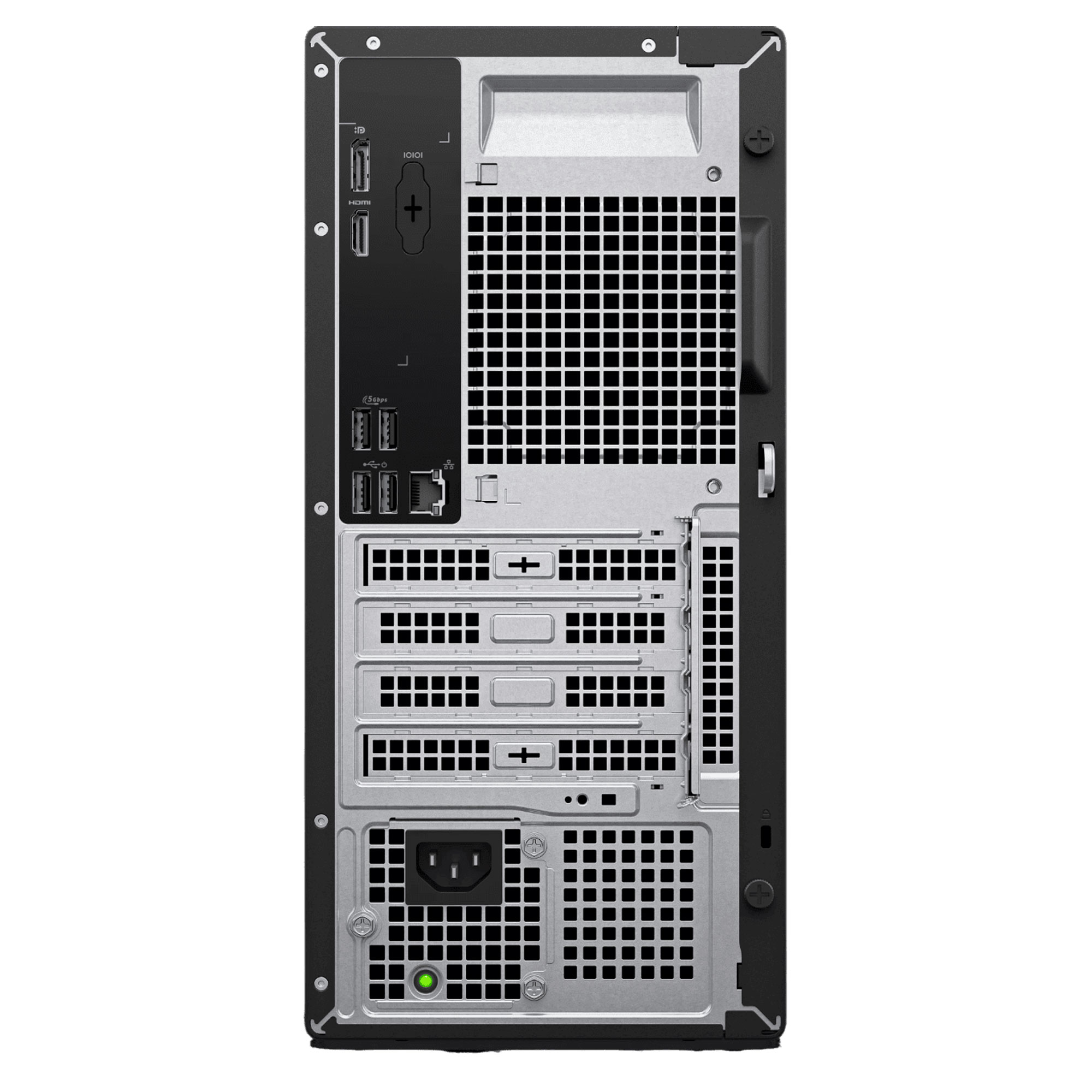 Siyah bir PC'nin arkası, HDMI, USB, Ethernet ve güç bağlantı noktaları.