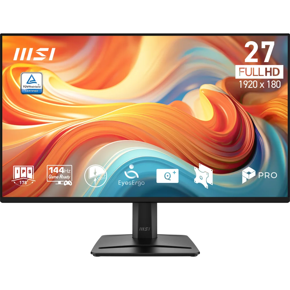 TÜV sertifikalı 27 inç Full HD MSI monitör, teknik özellikler gösteriliyor.