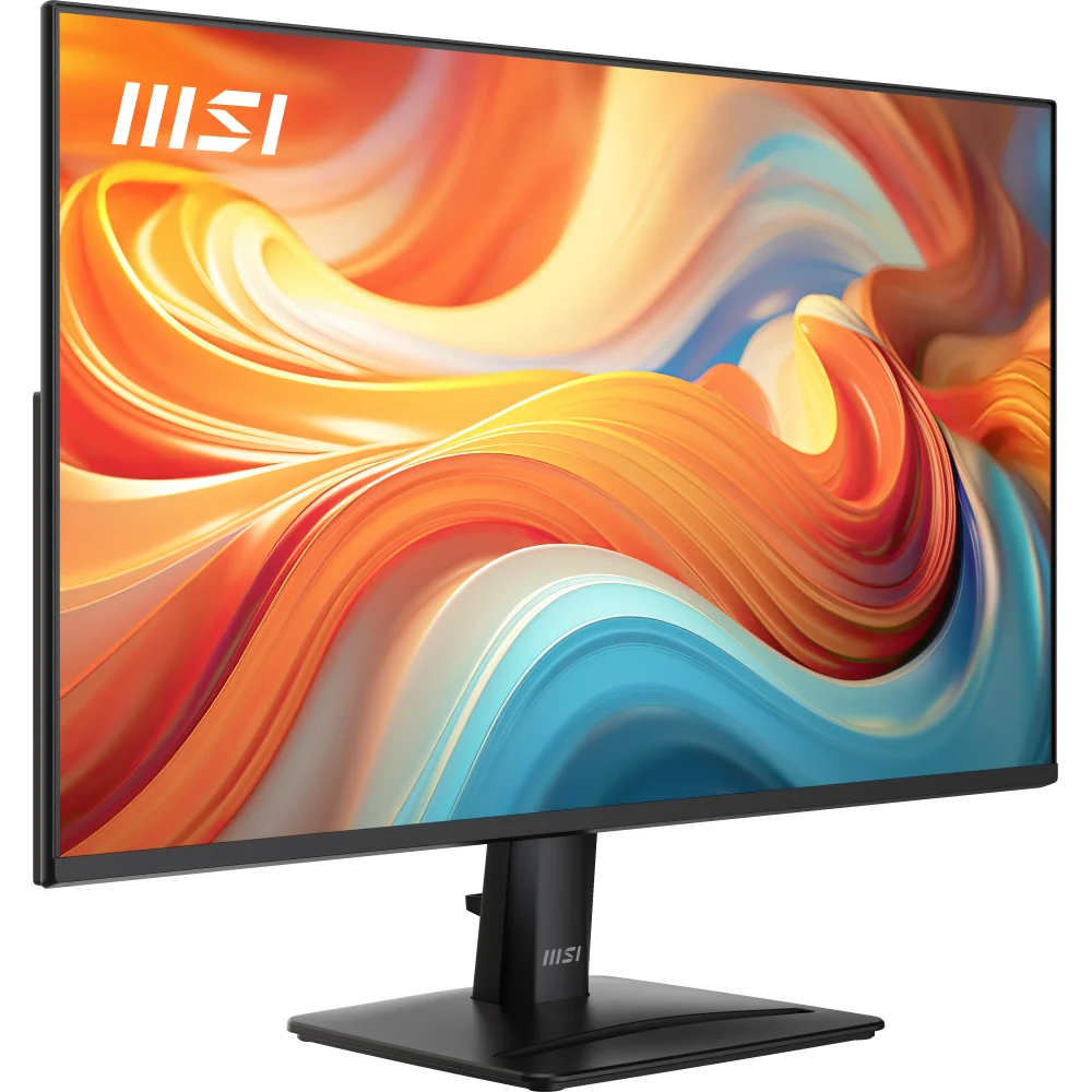 Renkli, soyut bir arka plana sahip siyah bir MSI monitör.