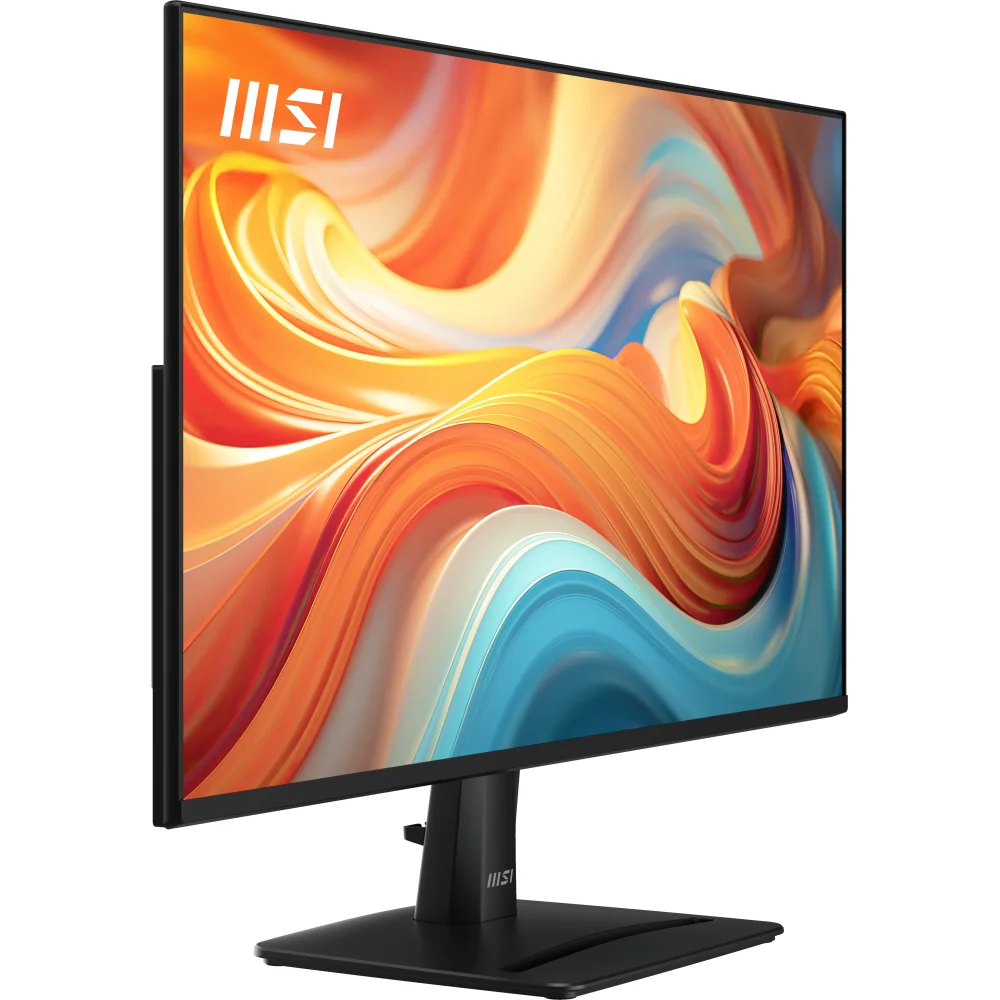 Siyah bir MSI monitör, renkli, girdaplı soyut bir duvar kağıdı görüntüler.