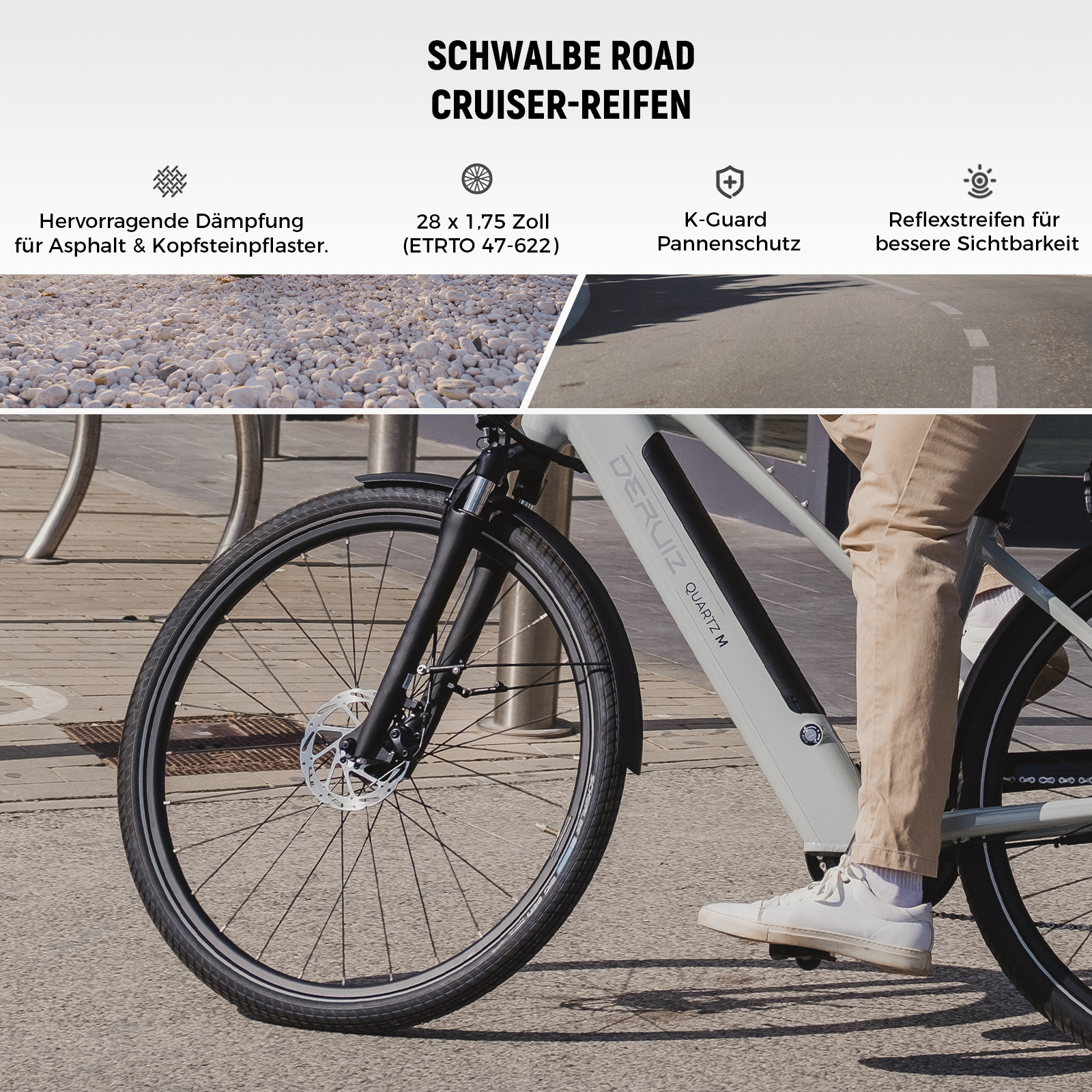 Radfahrer auf einem hellgrauen E-Bike mit Scheibenbremsen und Reflexstreifen.