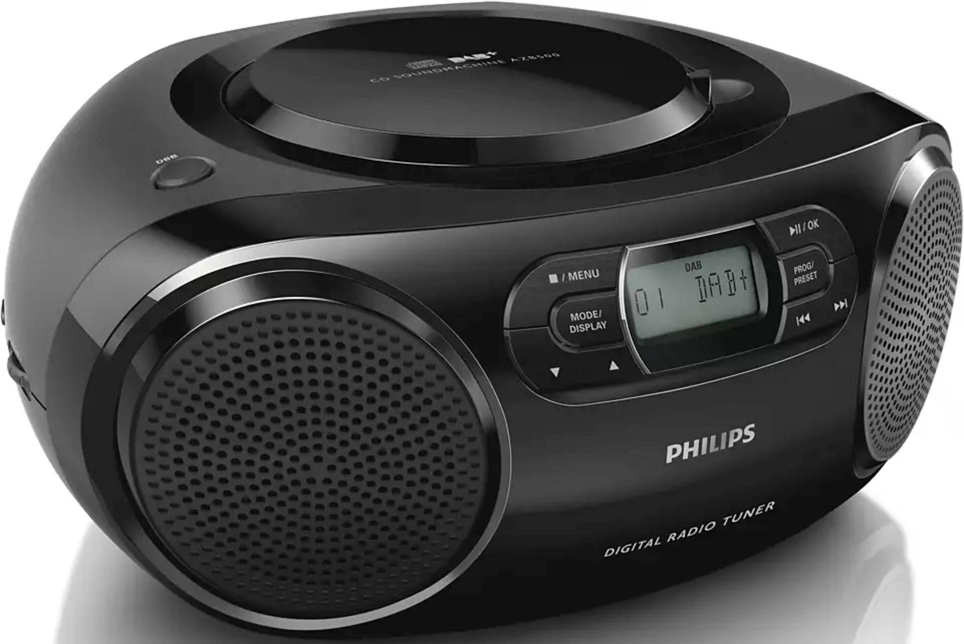 Radio CD Philips nera con radio DAB+, altoparlanti e display LCD.