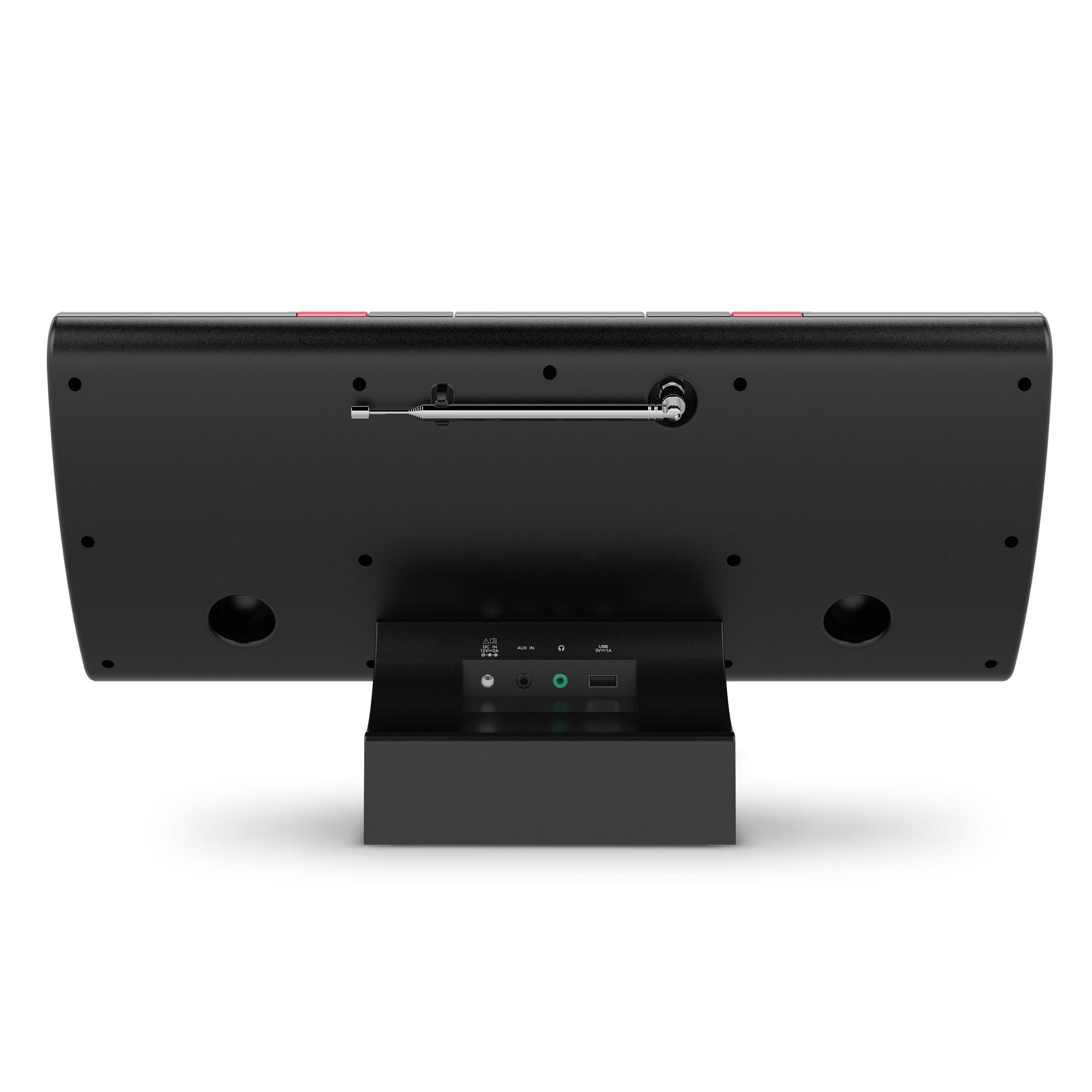 Retro di una radio nera con porte: AUX IN, cuffie, USB.