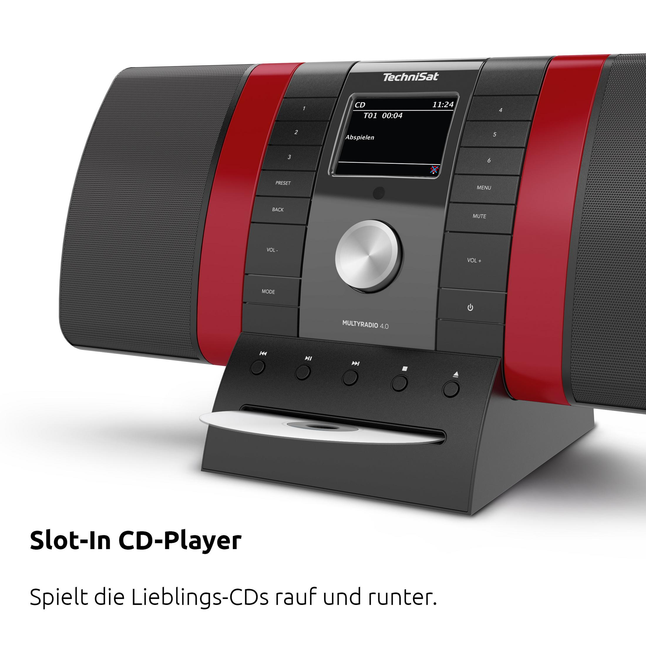 Un lettore CD argentato con accenti rossi e uno slot per CD.