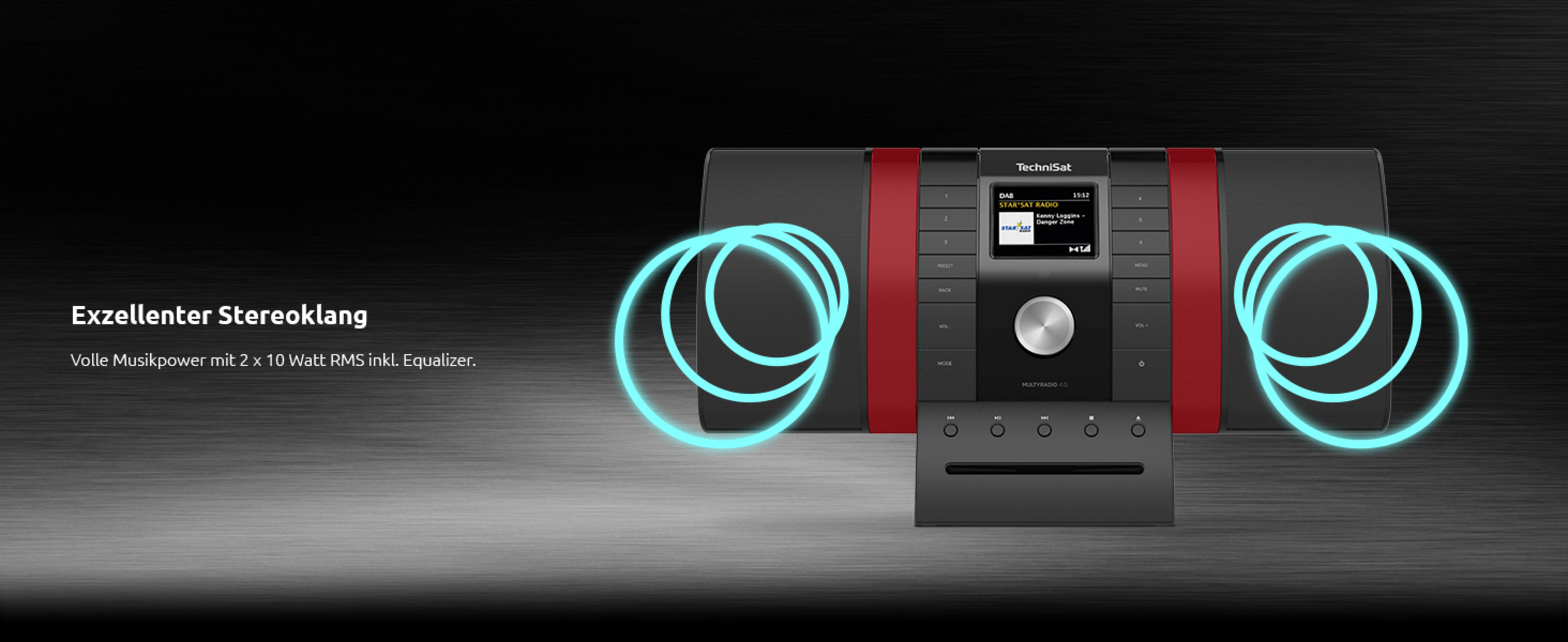 TechniSat Multiradio 4.0 con accenti rossi e anelli di luce blu.