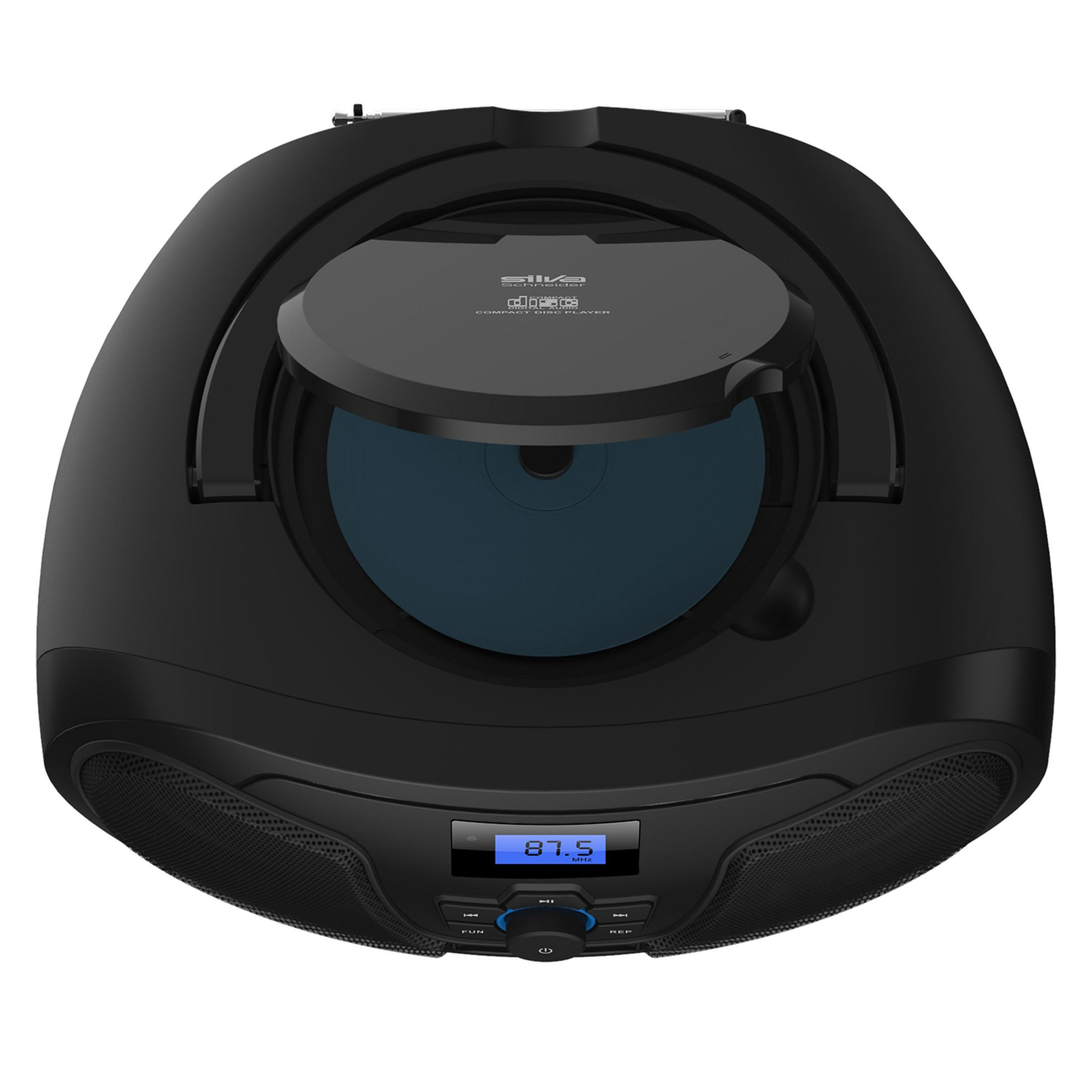Schwarzer CD-Player mit geöffnetem Deckel, blauem CD-Fach und Display.