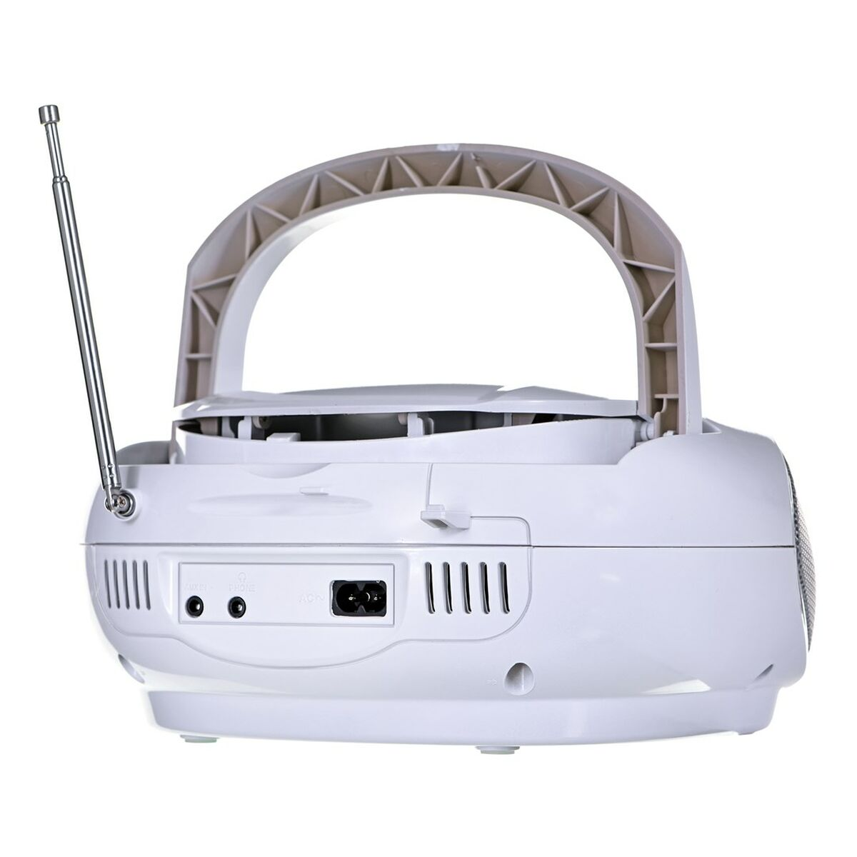 Un boombox bianco con antenna argentata e manico grigio. Le porte sono visibili.