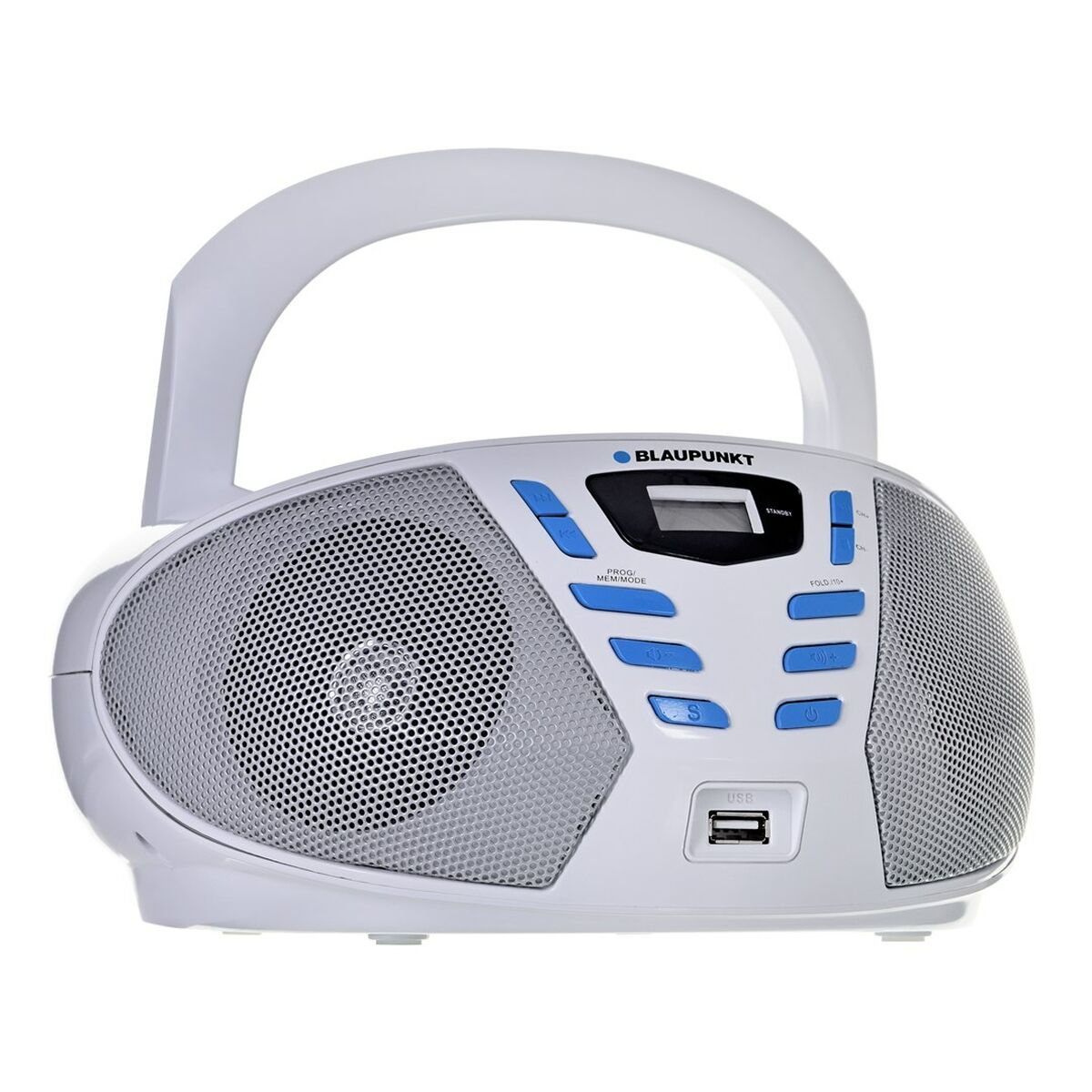 Una boombox Blaupunkt bianca con altoparlanti argentati, display blu e pulsanti.