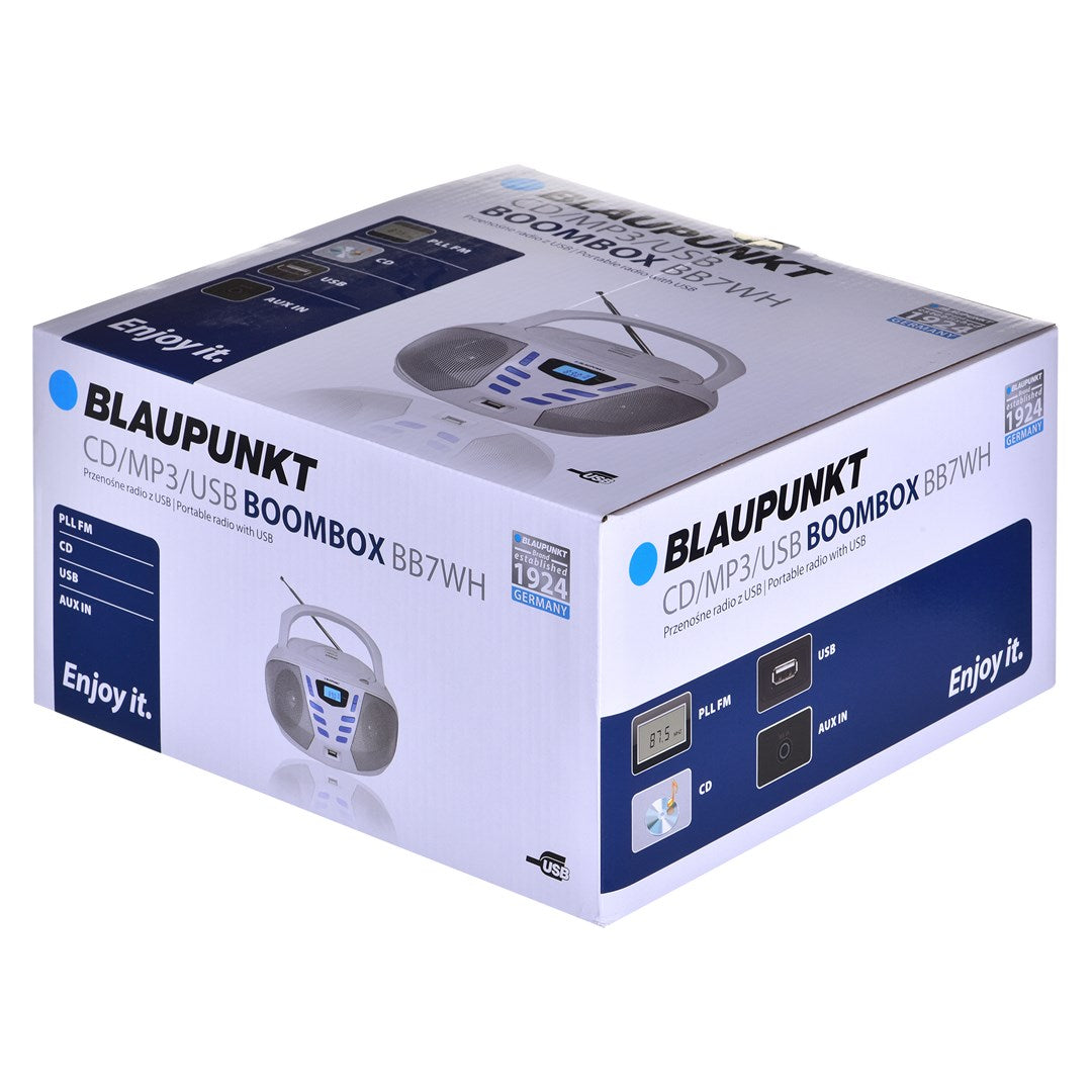 Confezione di una boombox Blaupunkt CD/MP3/USB con radio e antenna.