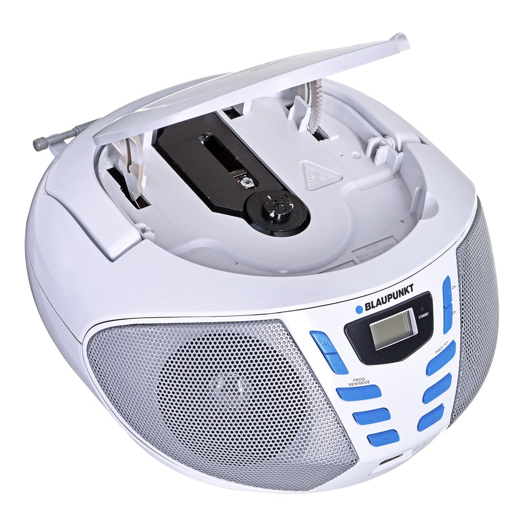 Lettore CD portatile bianco con radio DAB+ e altoparlanti.
