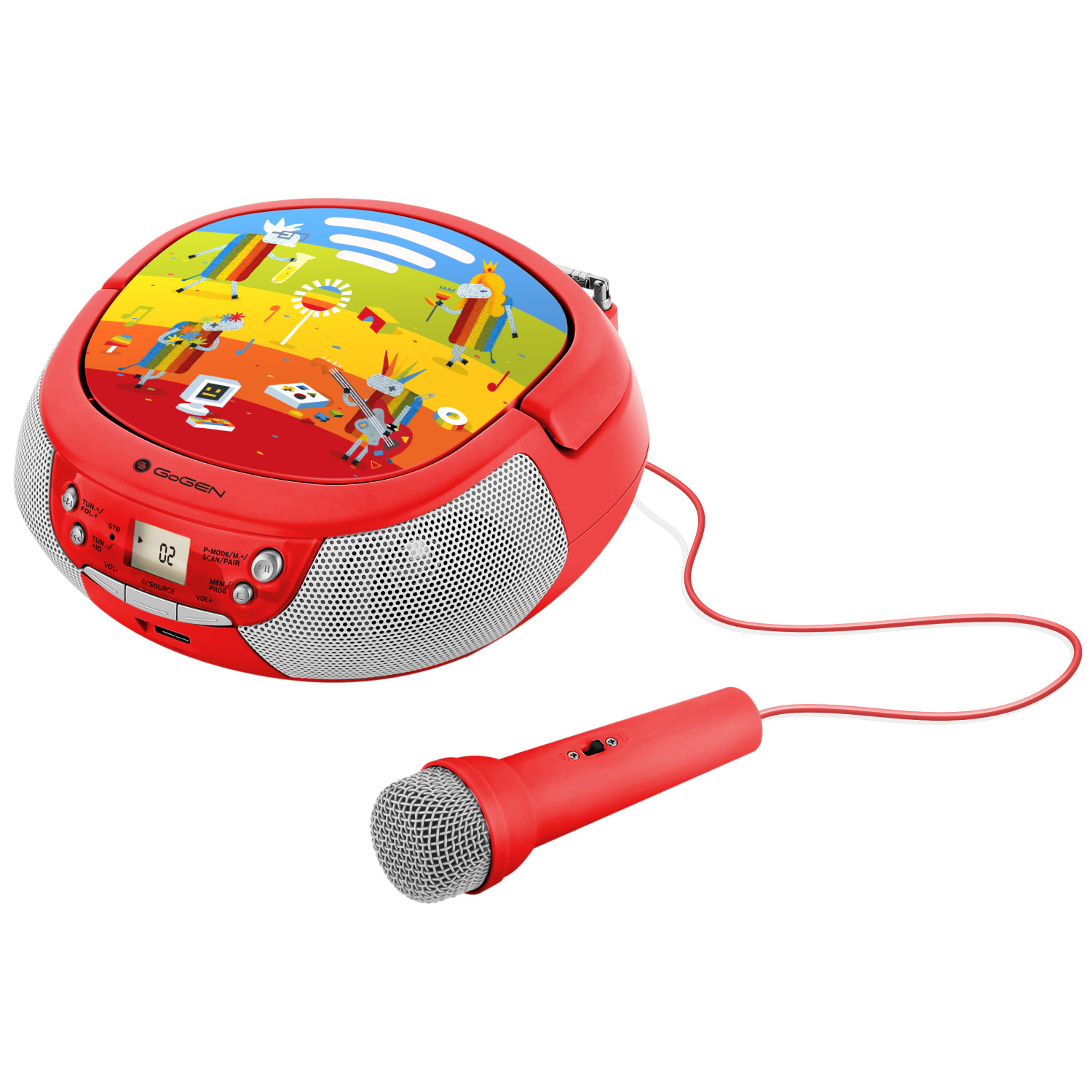 Un lettore CD rosso con microfono. La parte superiore ha una grafica colorata a cartoni animati.