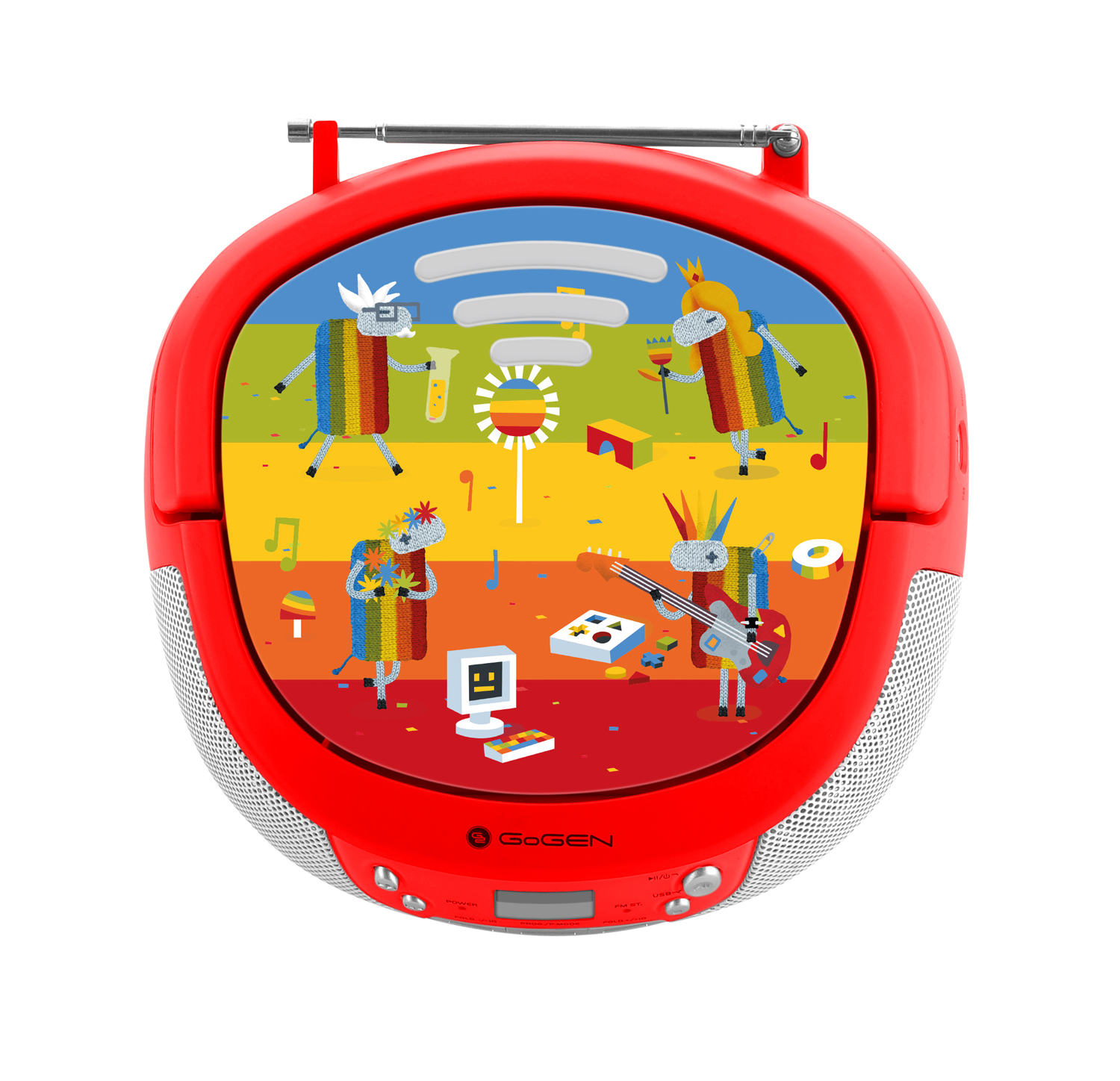 Un lettore CD rosso con personaggi dei cartoni animati colorati che fanno musica.