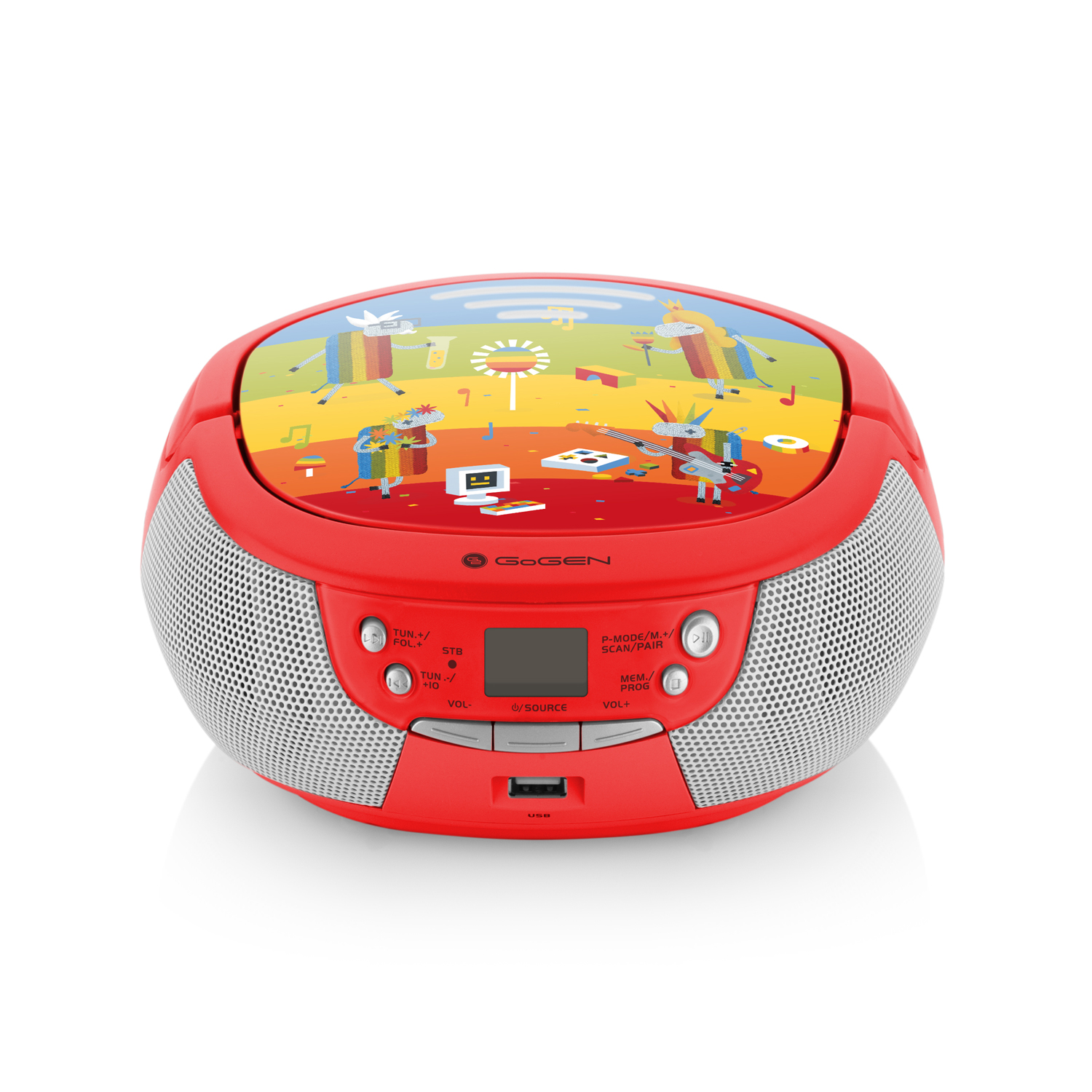 Lettore CD rosso con design a figure musicali, altoparlanti e pulsanti.