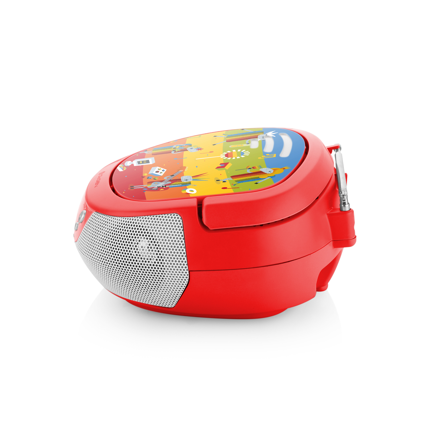 Una boombox rossa con coperchio colorato e griglia argentata.