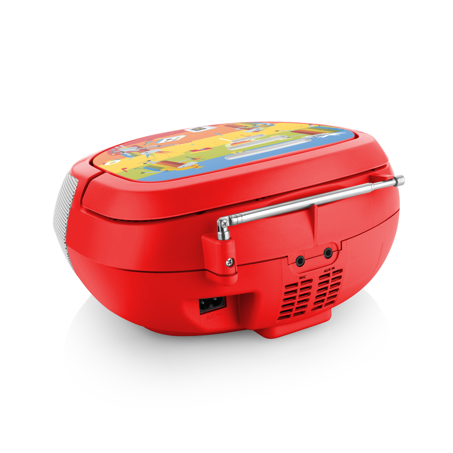 Boombox rosso con grafica a cartoni animati colorati in cima. Antenna argentata estesa.
