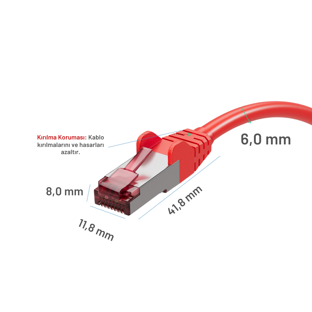 Metal konnektörlü kırmızı Ethernet kablosu, ölçüleri gösteriyor.
