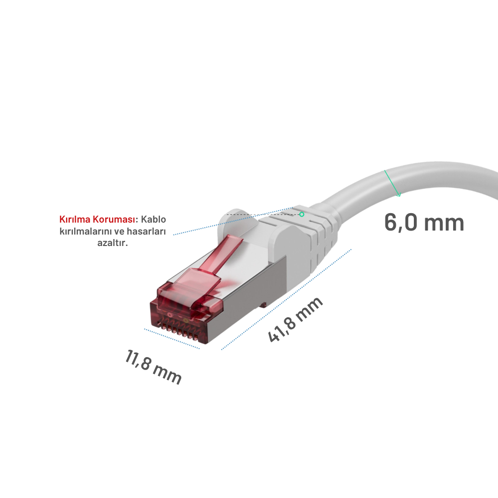 RJ45 konnektörlü beyaz ağ kablosu, 6,0 mm çap.