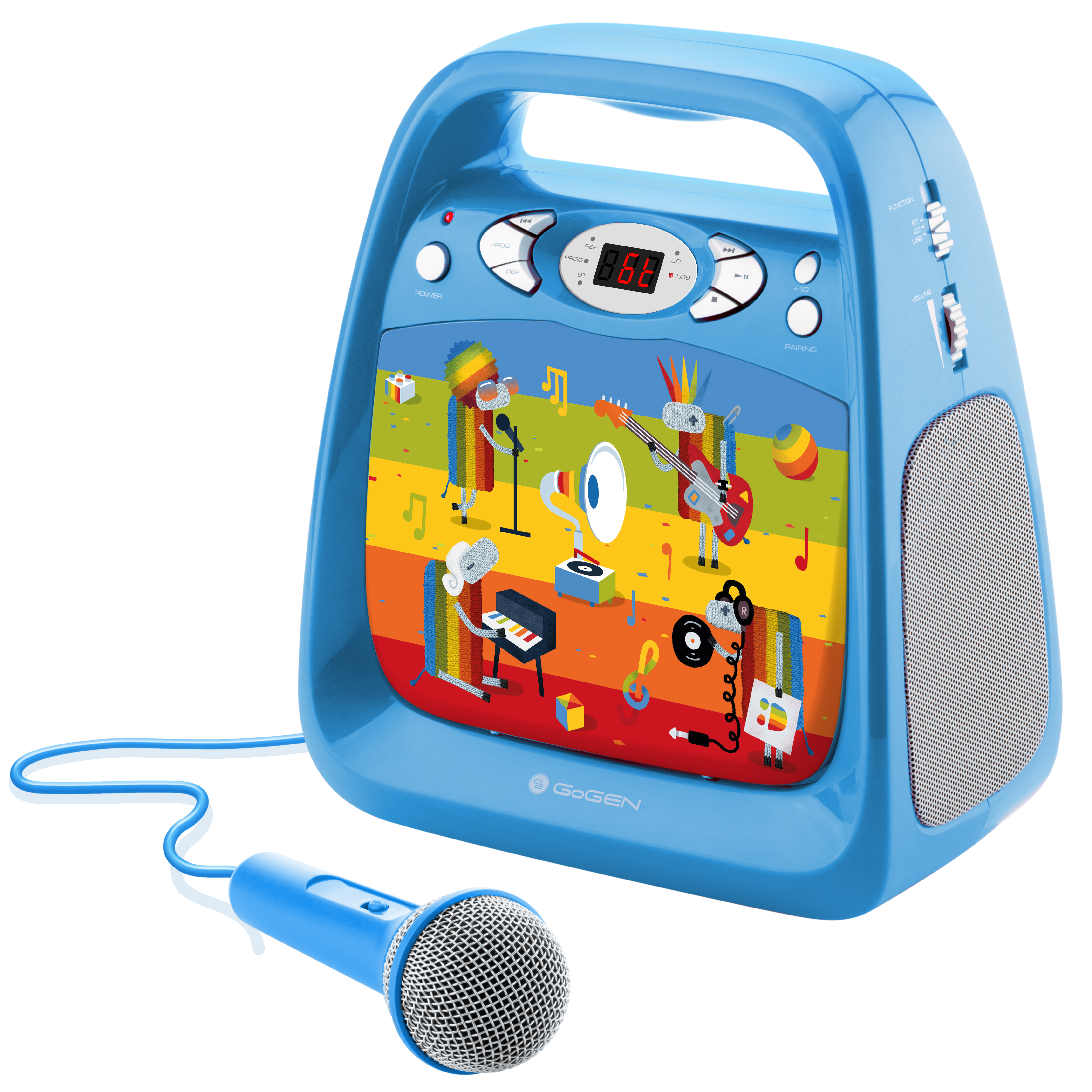 Un altoparlante portatile blu con microfono e grafica colorata di musicisti.