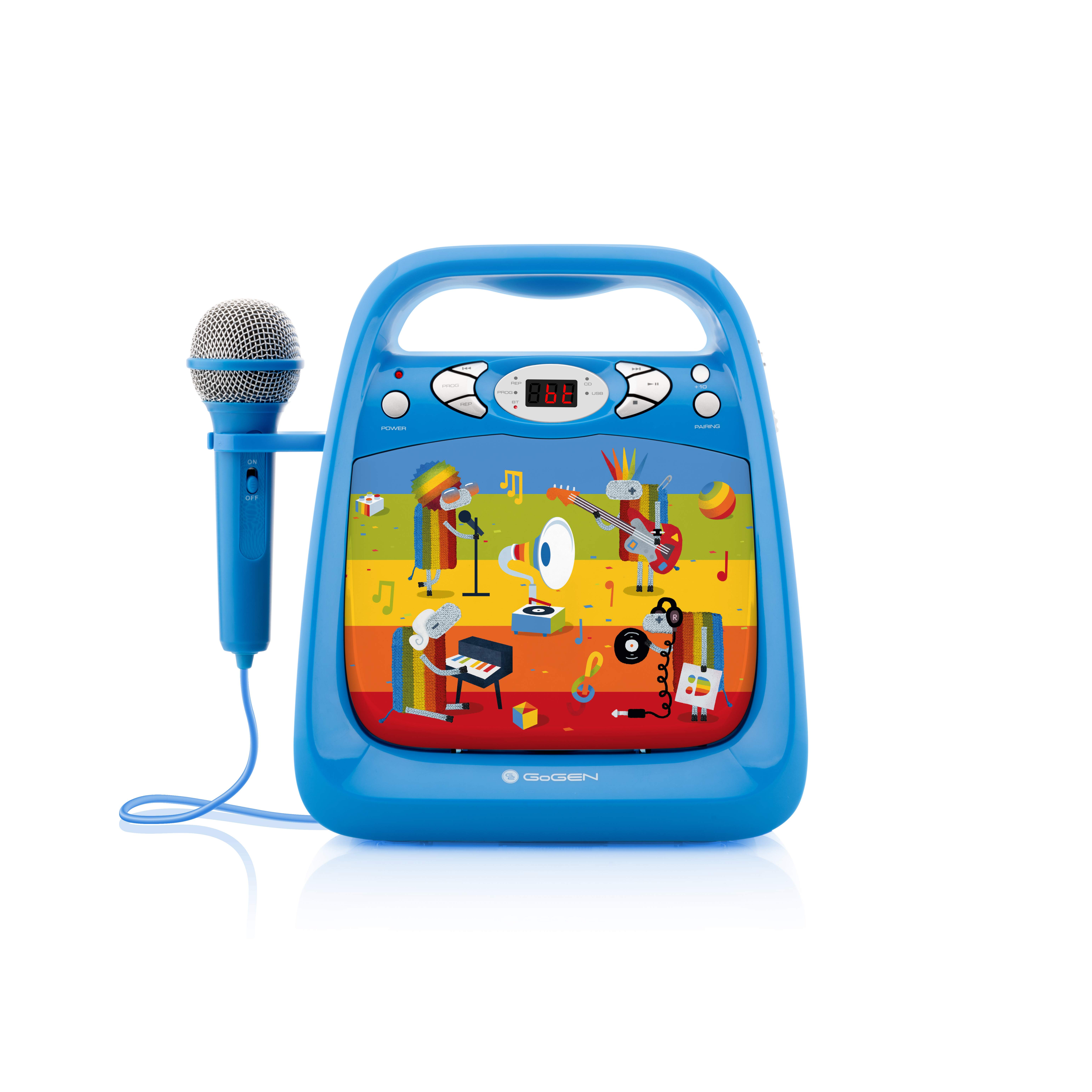 Lettore karaoke blu con microfono e colorata scena musicale.