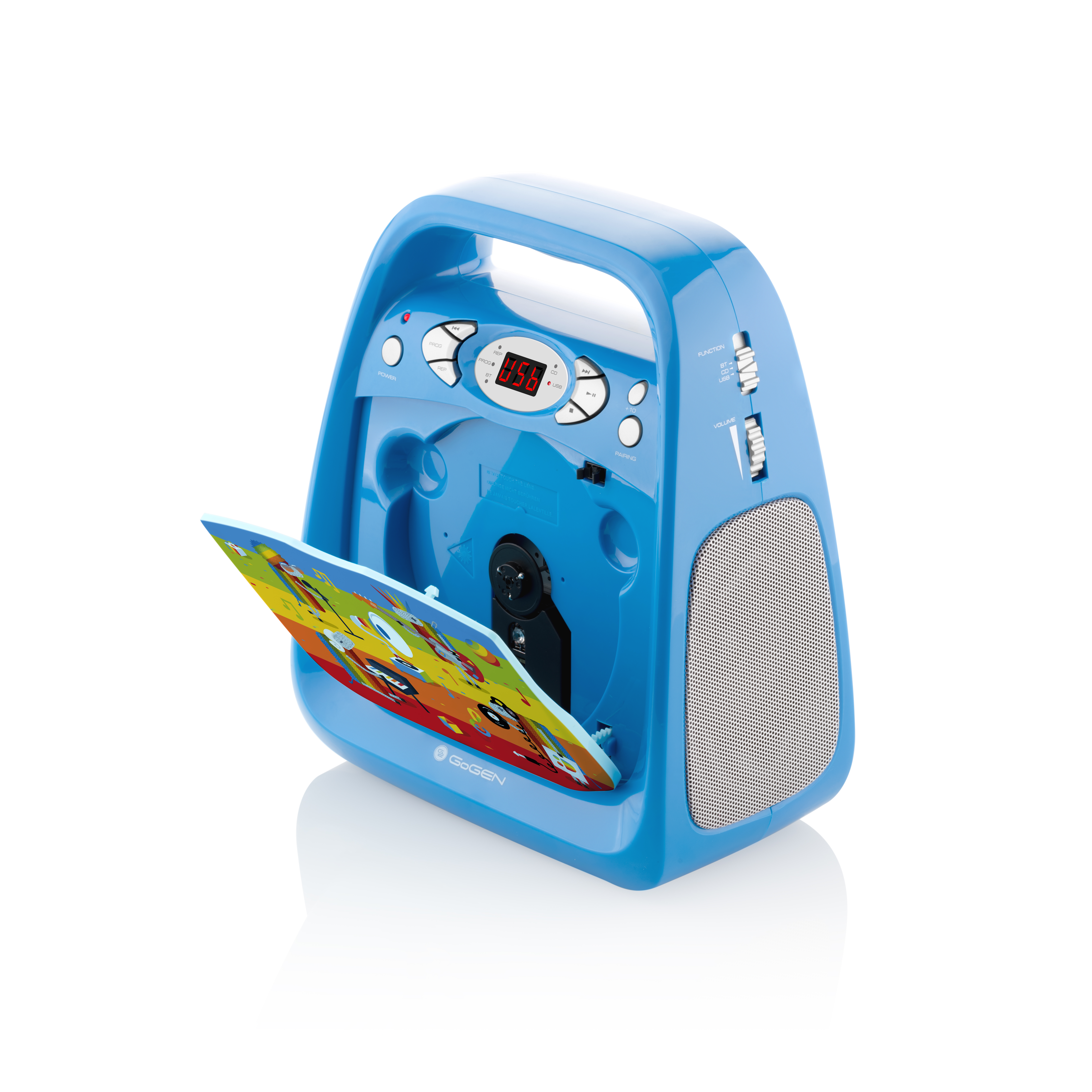 Lettore CD blu con immagini colorate per bambini sulla patta, con pulsanti e display.