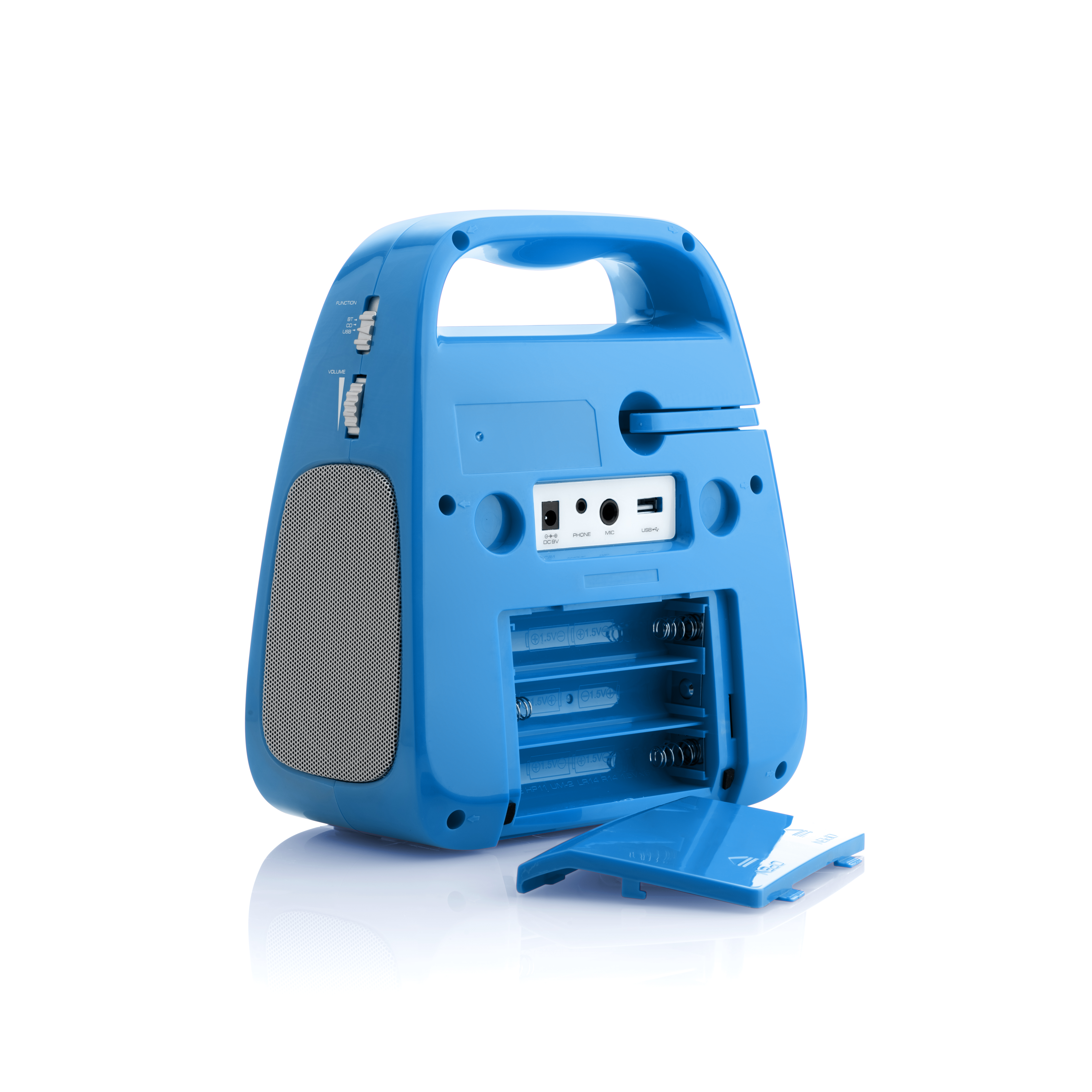 Altoparlante portatile blu con vano batteria aperto e porte.