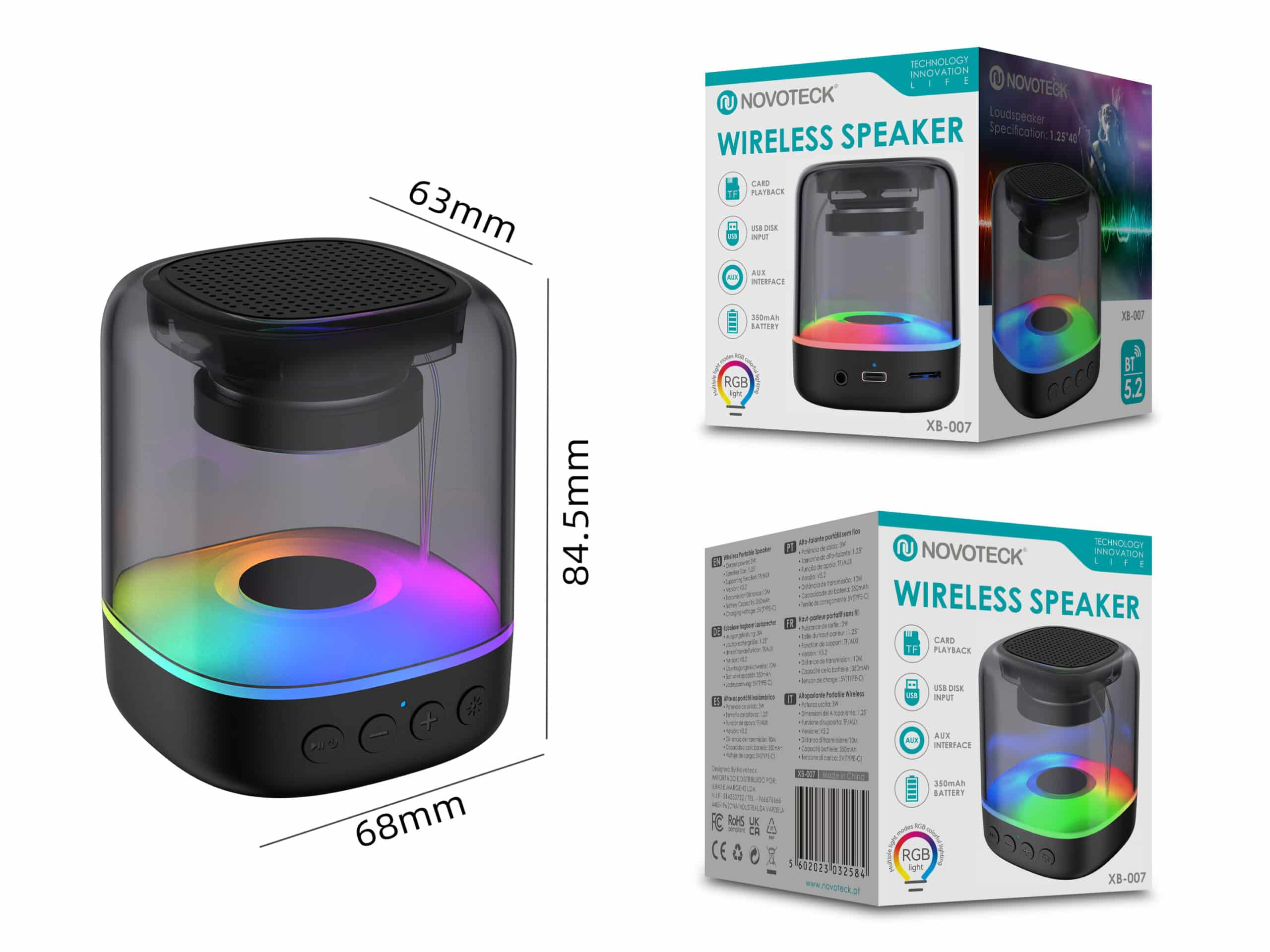 Un altavoz inalámbrico transparente con iluminación RGB, dimensiones y embalaje.