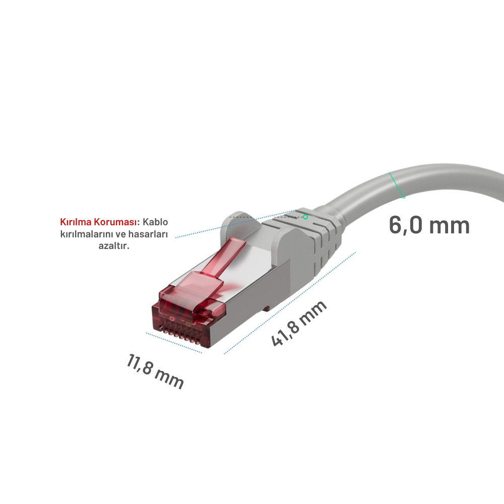 Gri Ethernet kablosu RJ45 konnektörlü, ölçüler 11,8, 41,8 ve 6,0 mm.