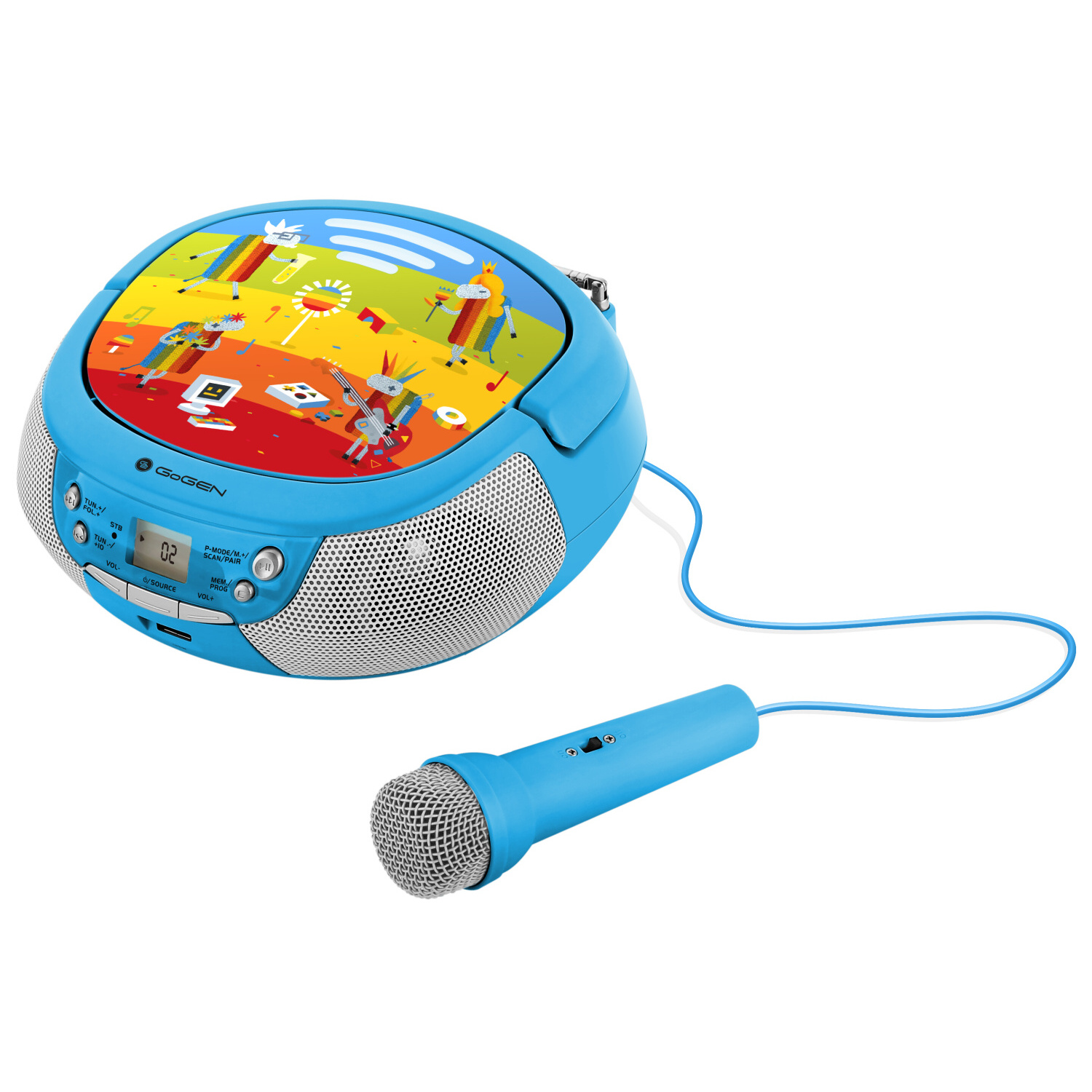 Un lettore CD portatile blu con microfono e grafica colorata sul coperchio.