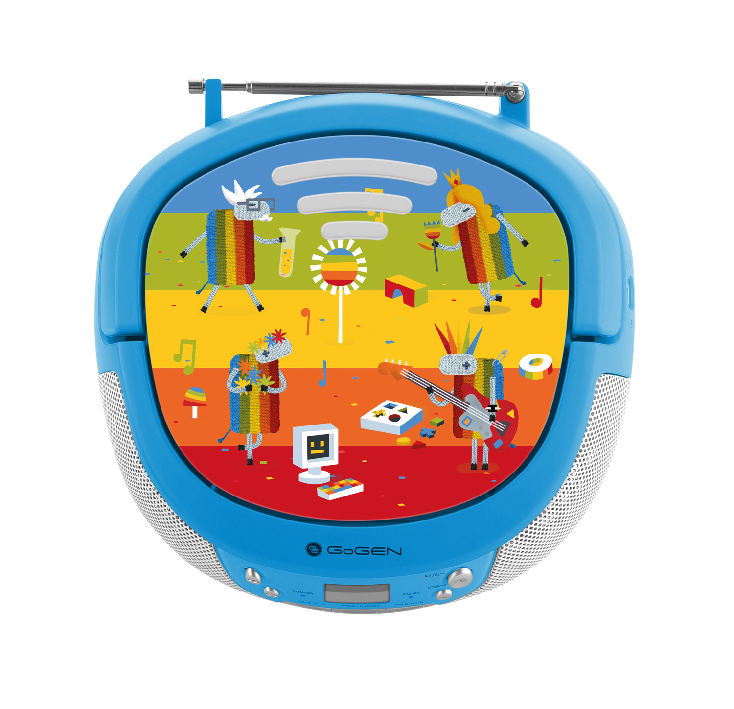 Lettore CD blu con personaggi animali colorati che fanno musica.