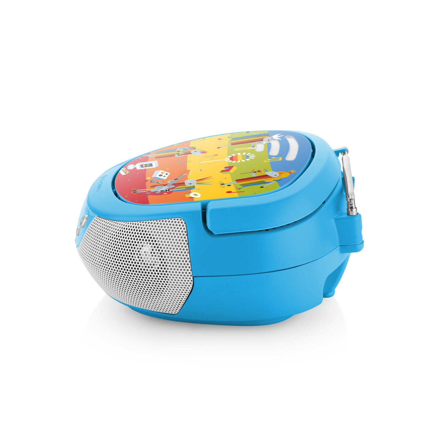 Un lettore CD portatile blu con superficie superiore colorata e fumettosa e antenna argentata.