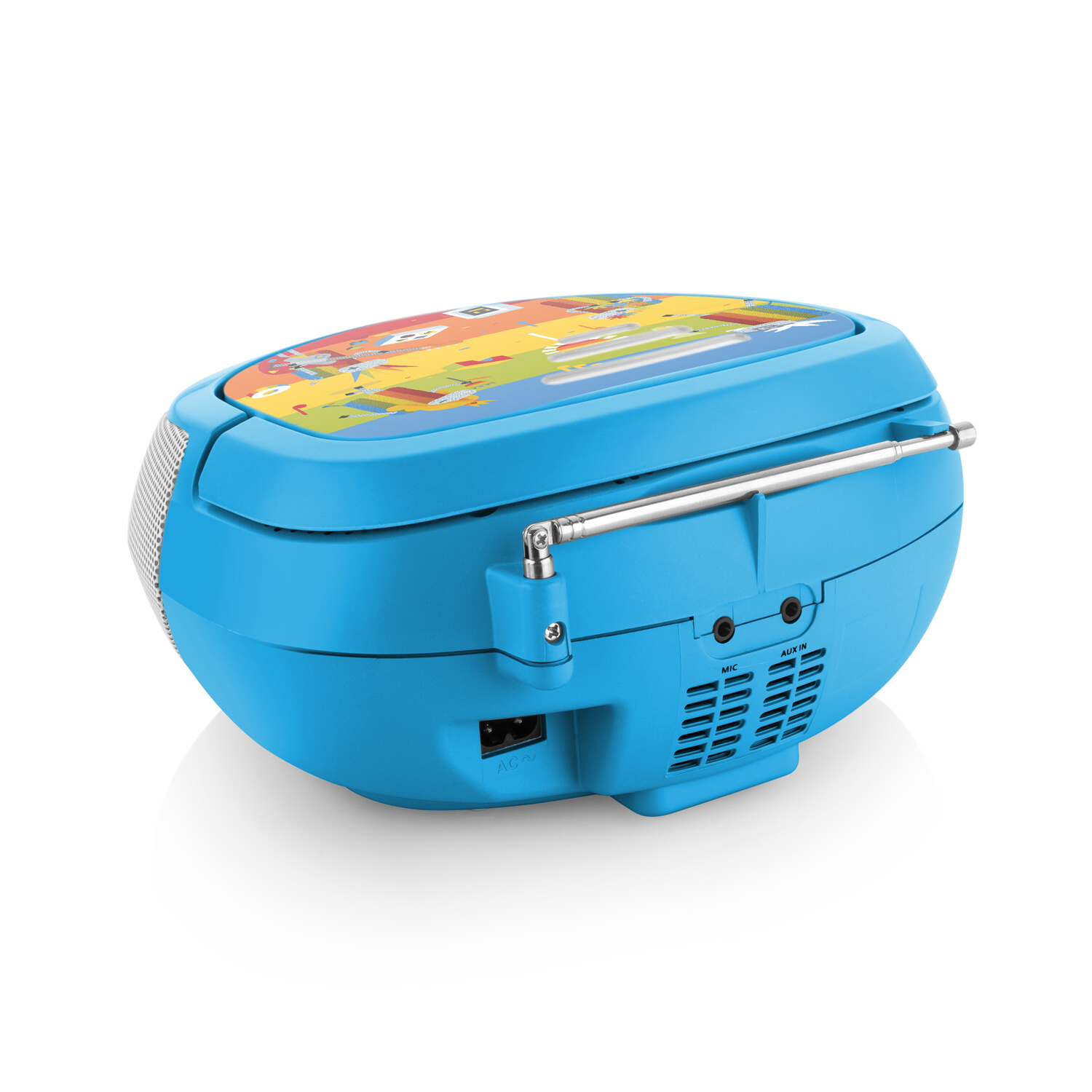 Un lettore CD portatile blu con coperchio a cartoni animati colorati, antenna argentata e varie porte.