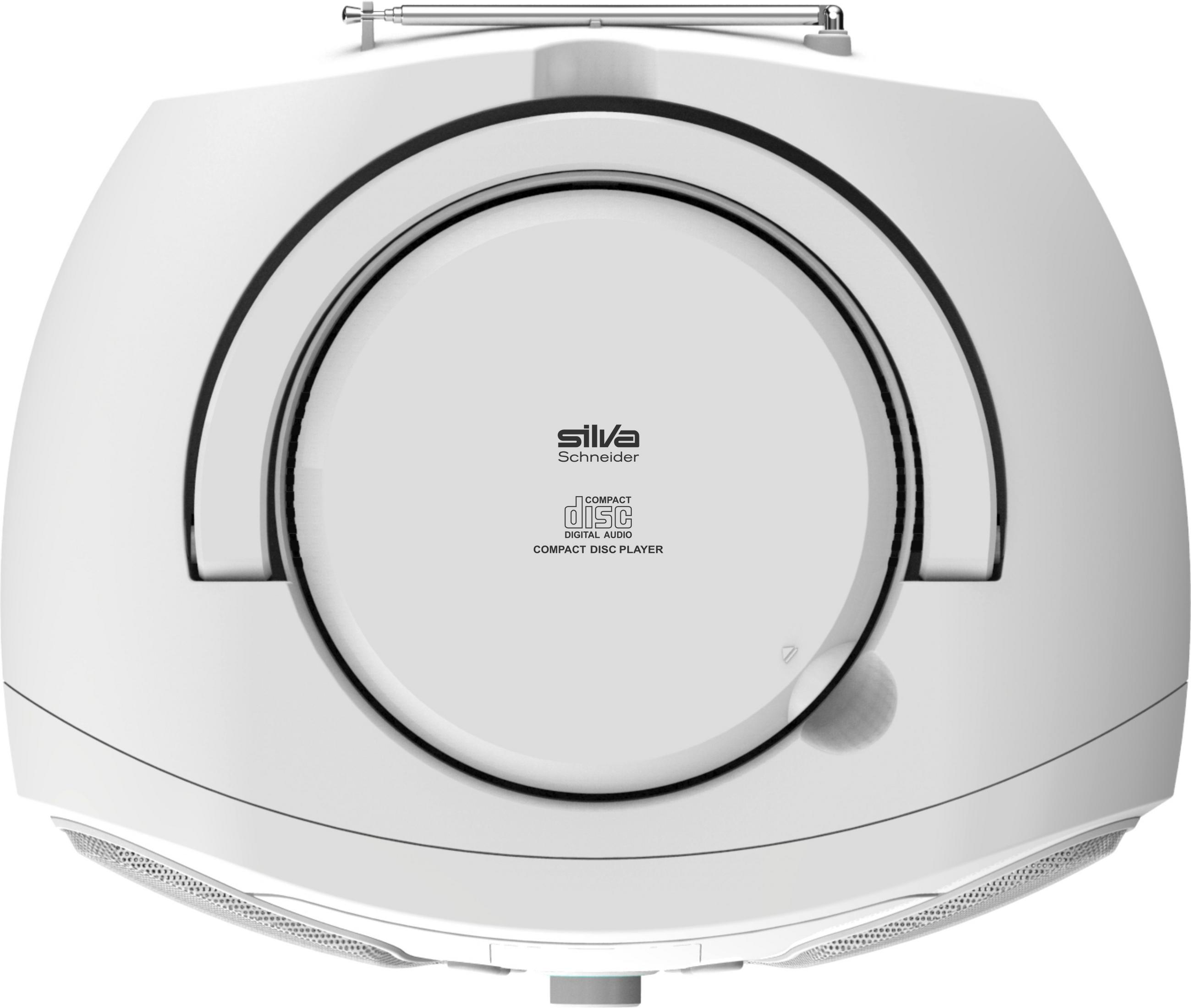 Ein weißer CD-Player mit ausfahrbarer Antenne und Lautsprechergittern.